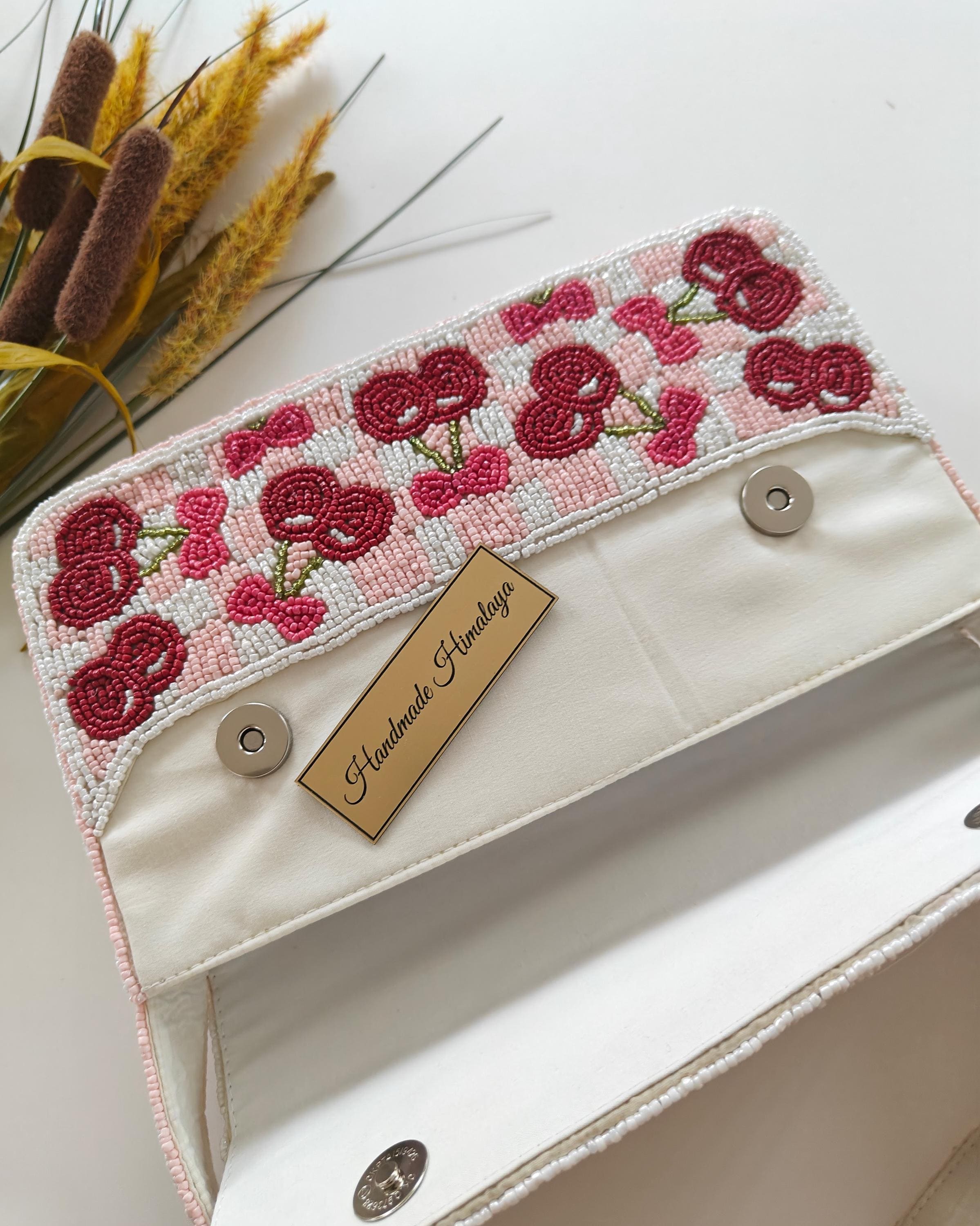Red Cherry Beaded Bag | Blush Pink Gingham Checkered Purse | Summer Wedding Vacation Fruit Clutch view 5
