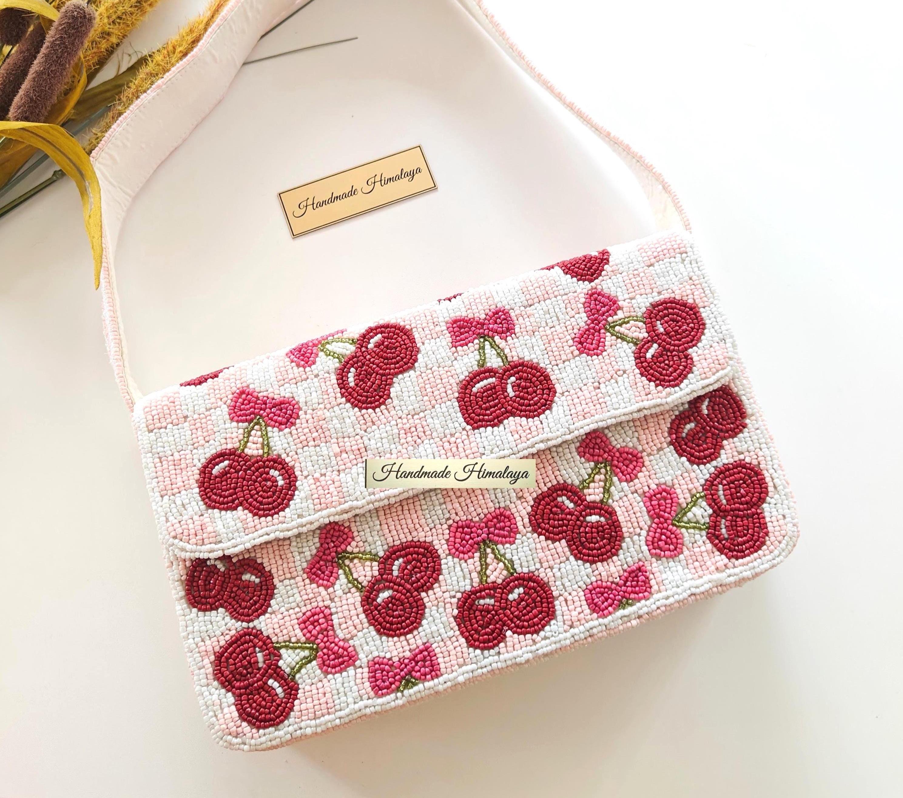 Red Cherry Beaded Bag | Blush Pink Gingham Checkered Purse | Summer Wedding Vacation Fruit Clutch view 3