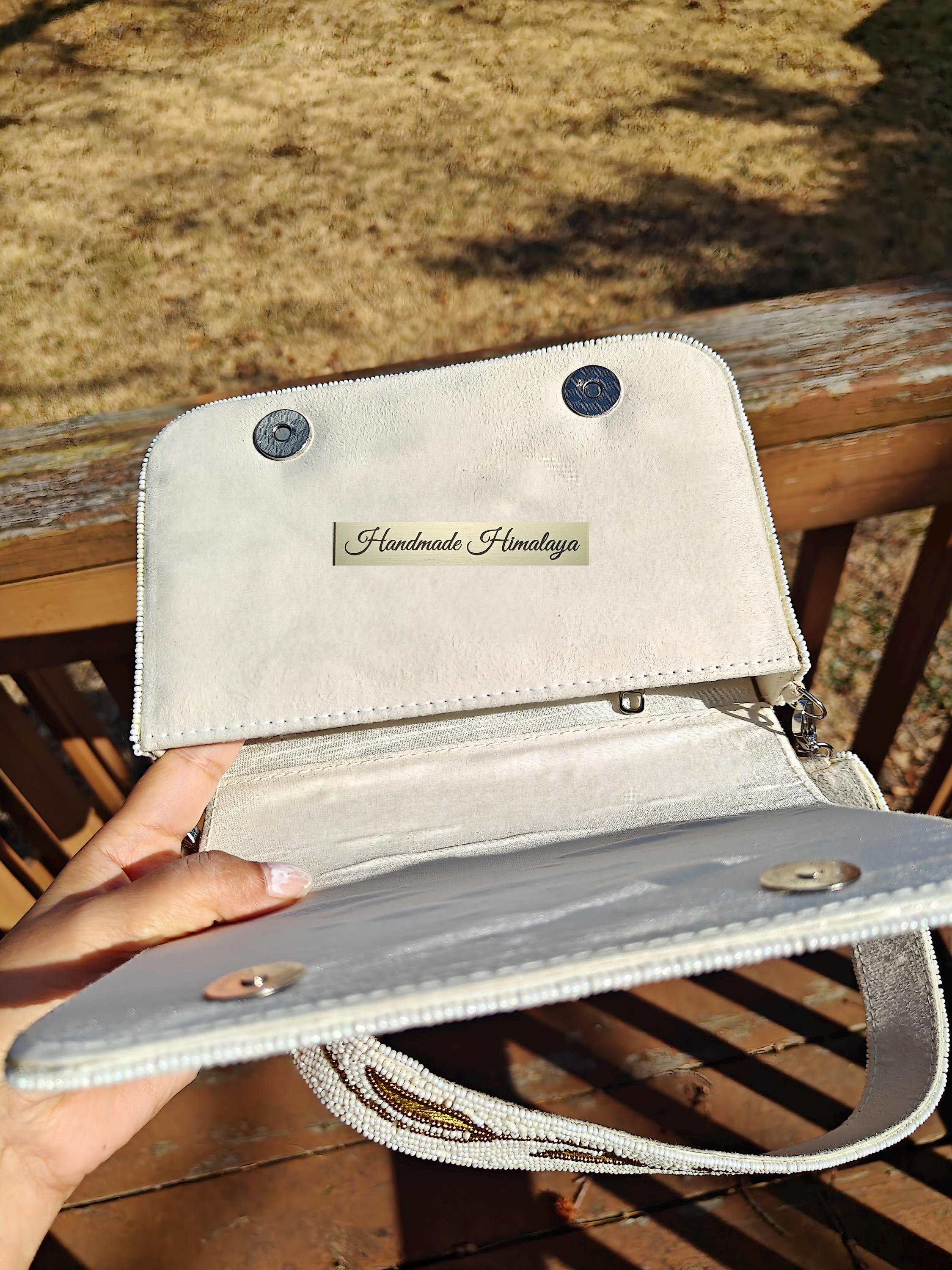 Ivory Bridal Purse | Pink Floral Beaded Wedding Clutch view 4