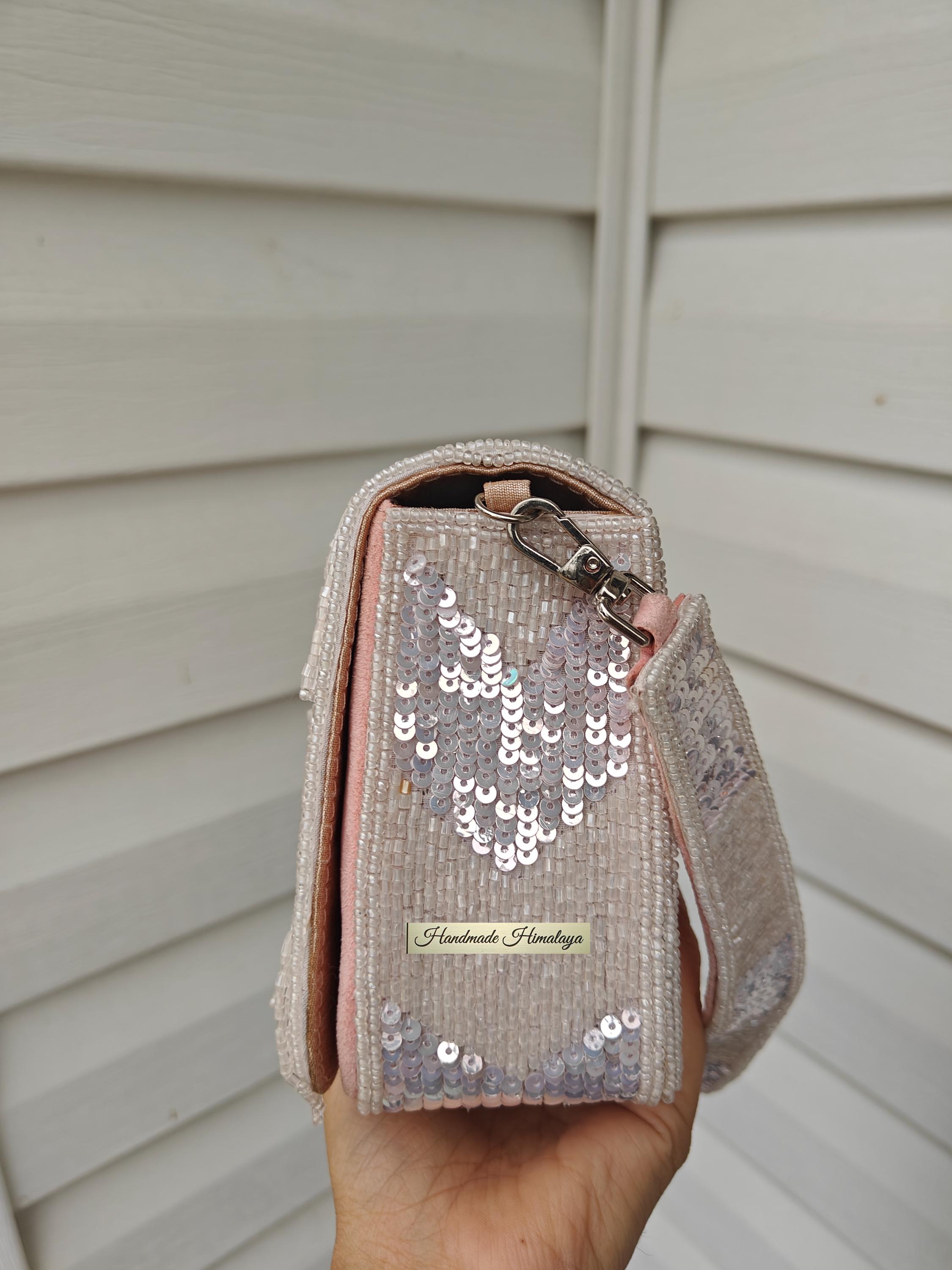 Blush Pink Beaded Clutch | Cream Iridescent Sequin Bridal Purse | Fringe Tassel Gala Evening Bag view 5