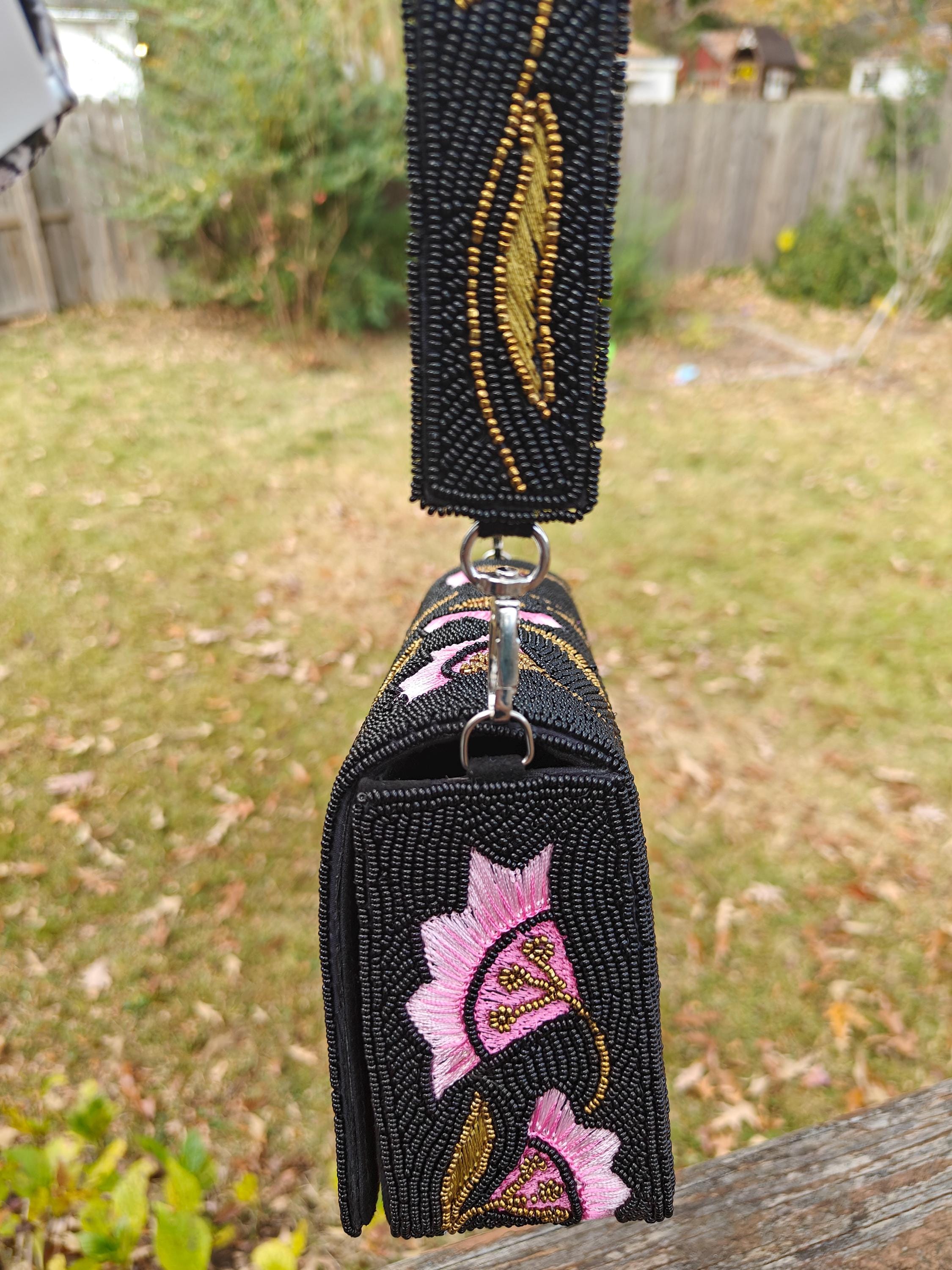 Black Floral Beaded Clutch | Pastel Pink Evening Bag | Bridal Cherry Blossom Purse view 3