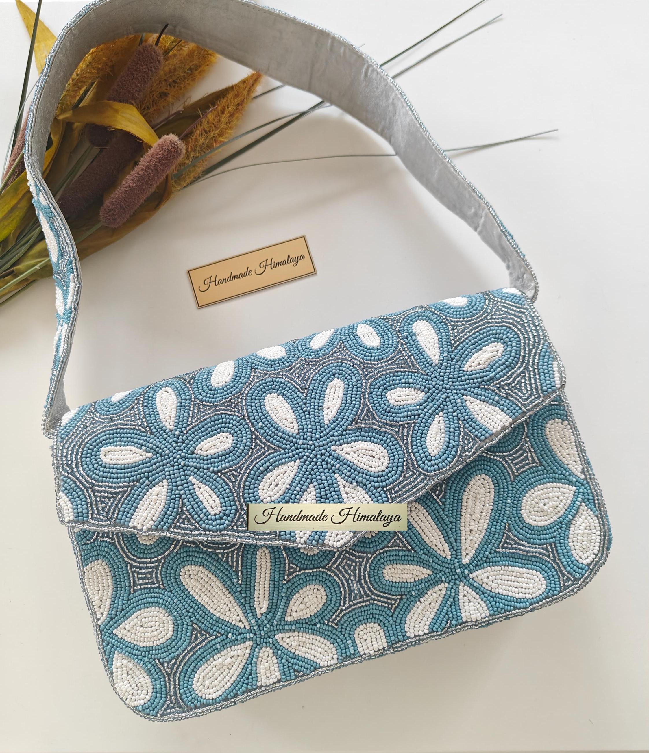Dusty Blue Floral Beaded Shoulder Bag | Something Blue Bridal Clutch | Boho Garden Party Handbag view 2