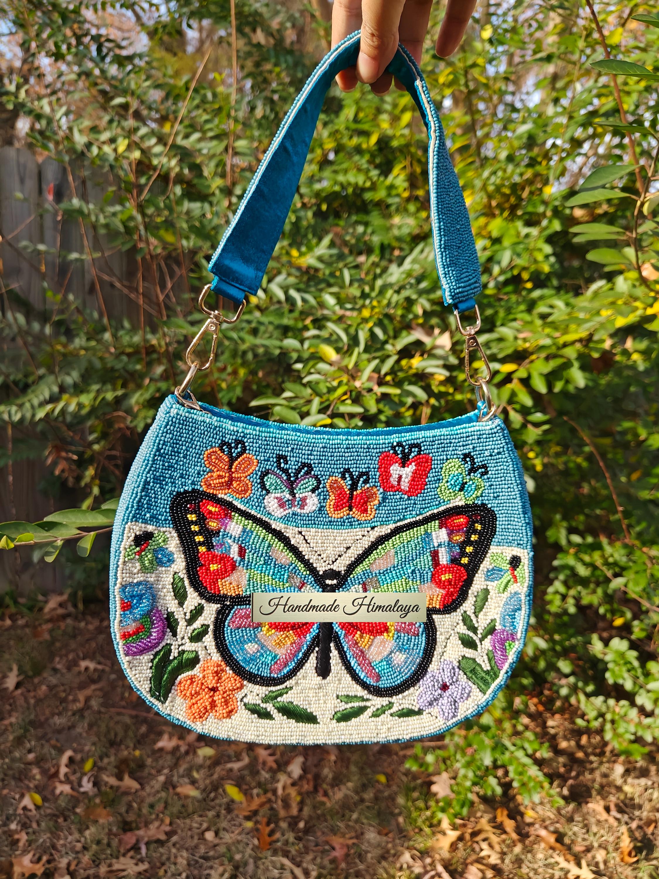 Butterfly Beaded Bag: Blue Turquoise Floral Summer Whimsical Shoulder Handbag view 2