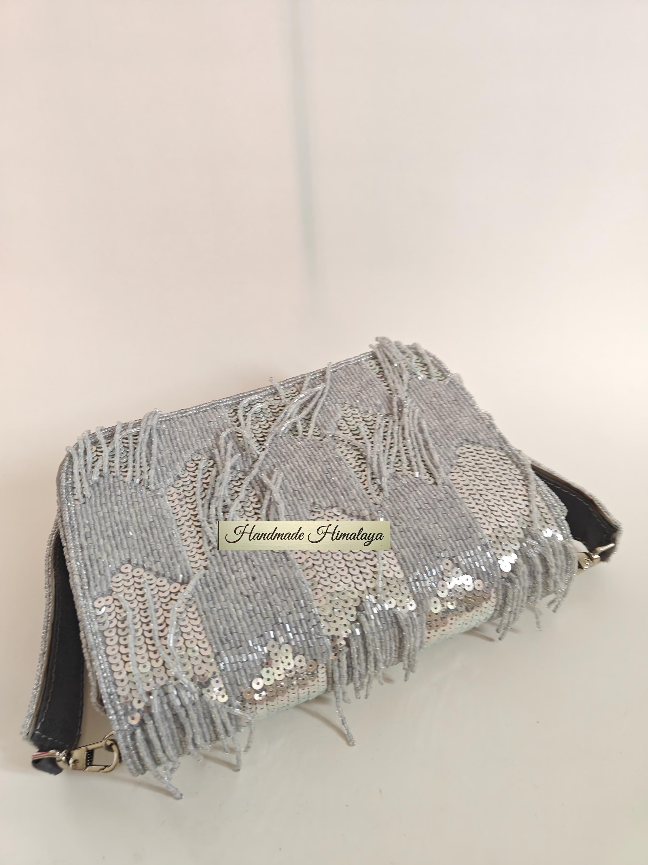 Silver Fringe Beaded Clutch, Gray Sequin Wedding Bridal Purse view 8