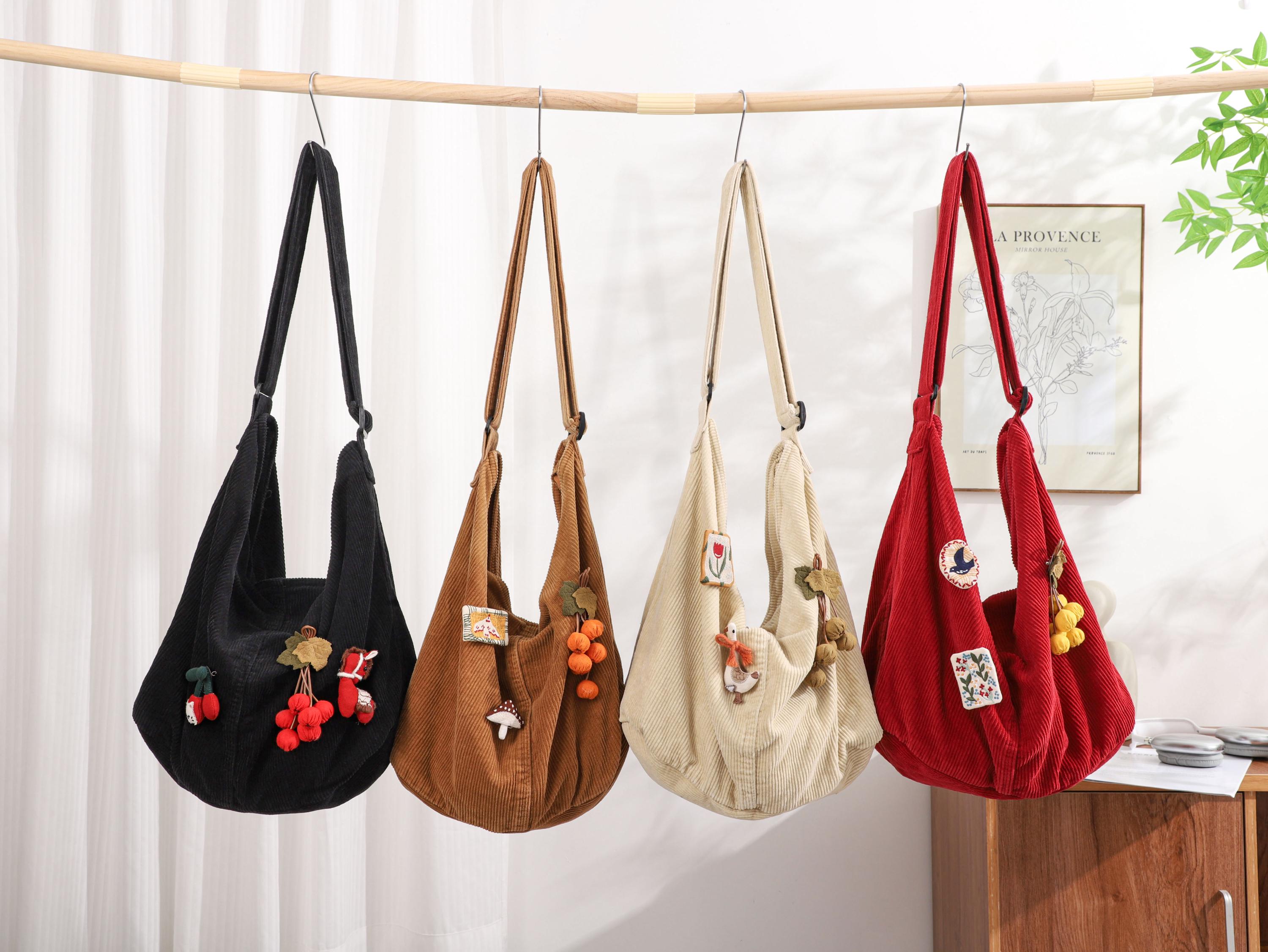 Corduroy Tote Bag, Adjustable Strap, Zipper Pockets, Women Shoulder Bag view 8