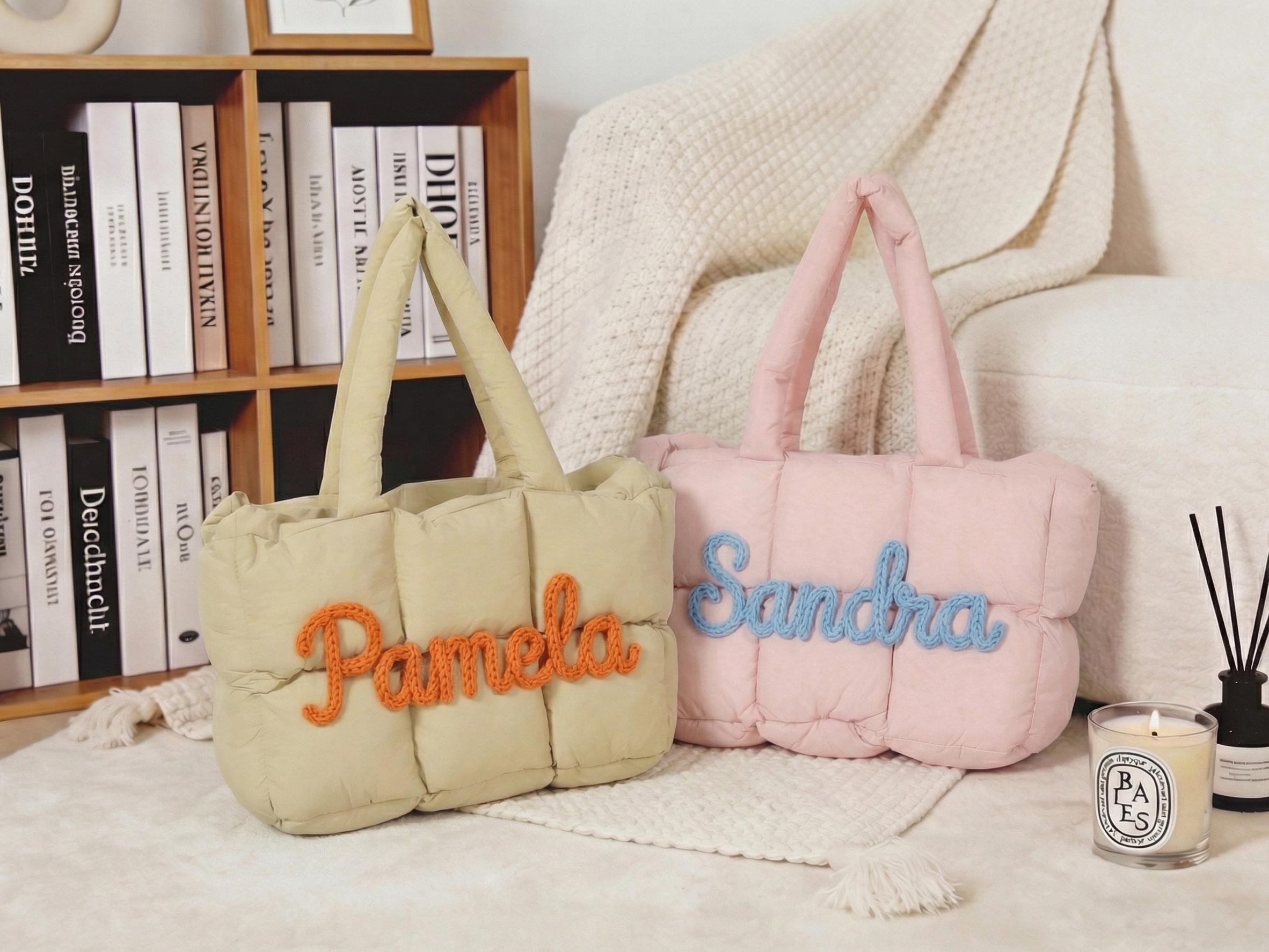 Personalized Quilted Nylon Puffer Tote Bag, Monogrammed Shoulder Bag view 6