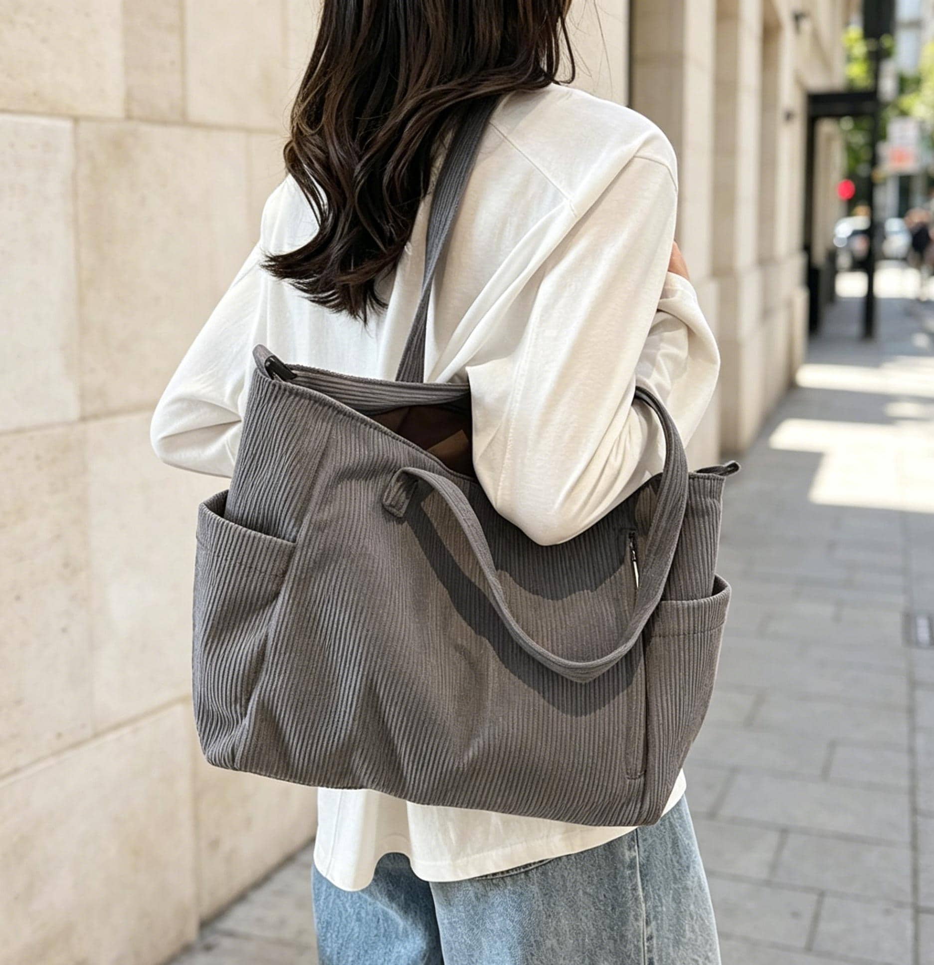 Corduroy Tote Bag, Adjustable Strap, Zipper Close, Everyday Travel Handbag view 3