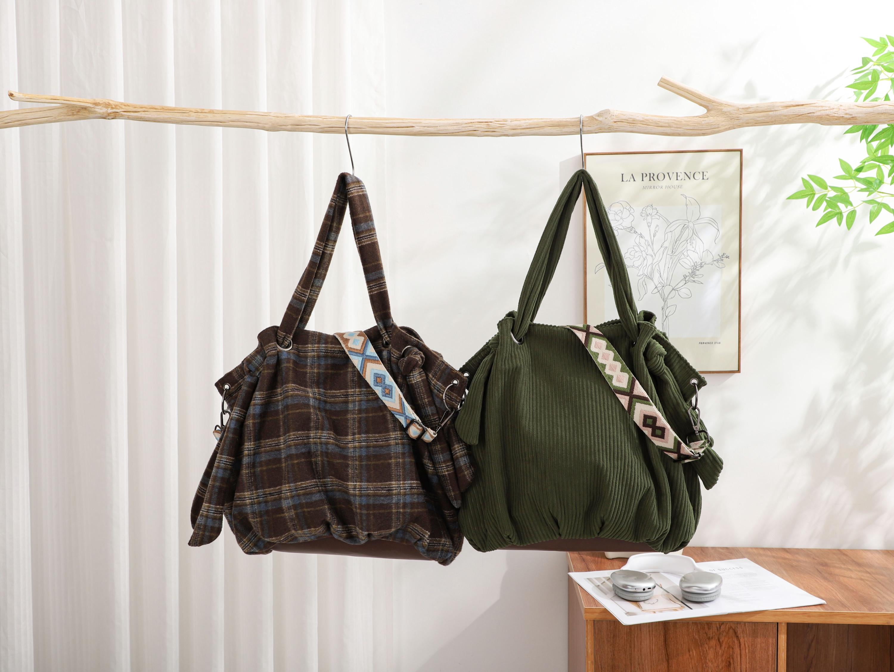 Corduroy Crossbody Bag, Vintage Tote Bag, Travel Crossbody Bag, Custom Leather Label