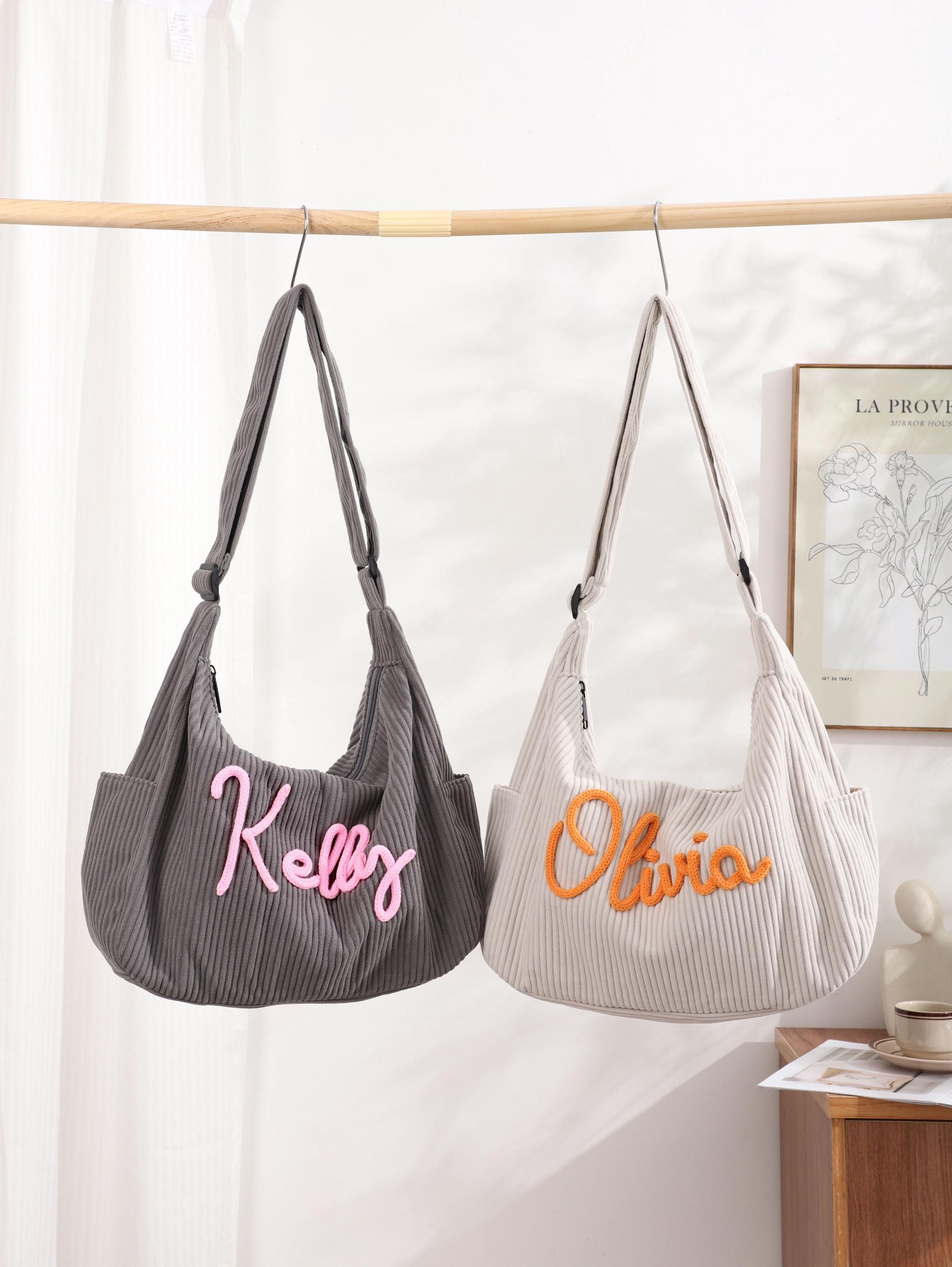 Personalised Corduroy Tote Bag, Custom Name Embroidered Crossbody, Travel Shopping Bag view 9