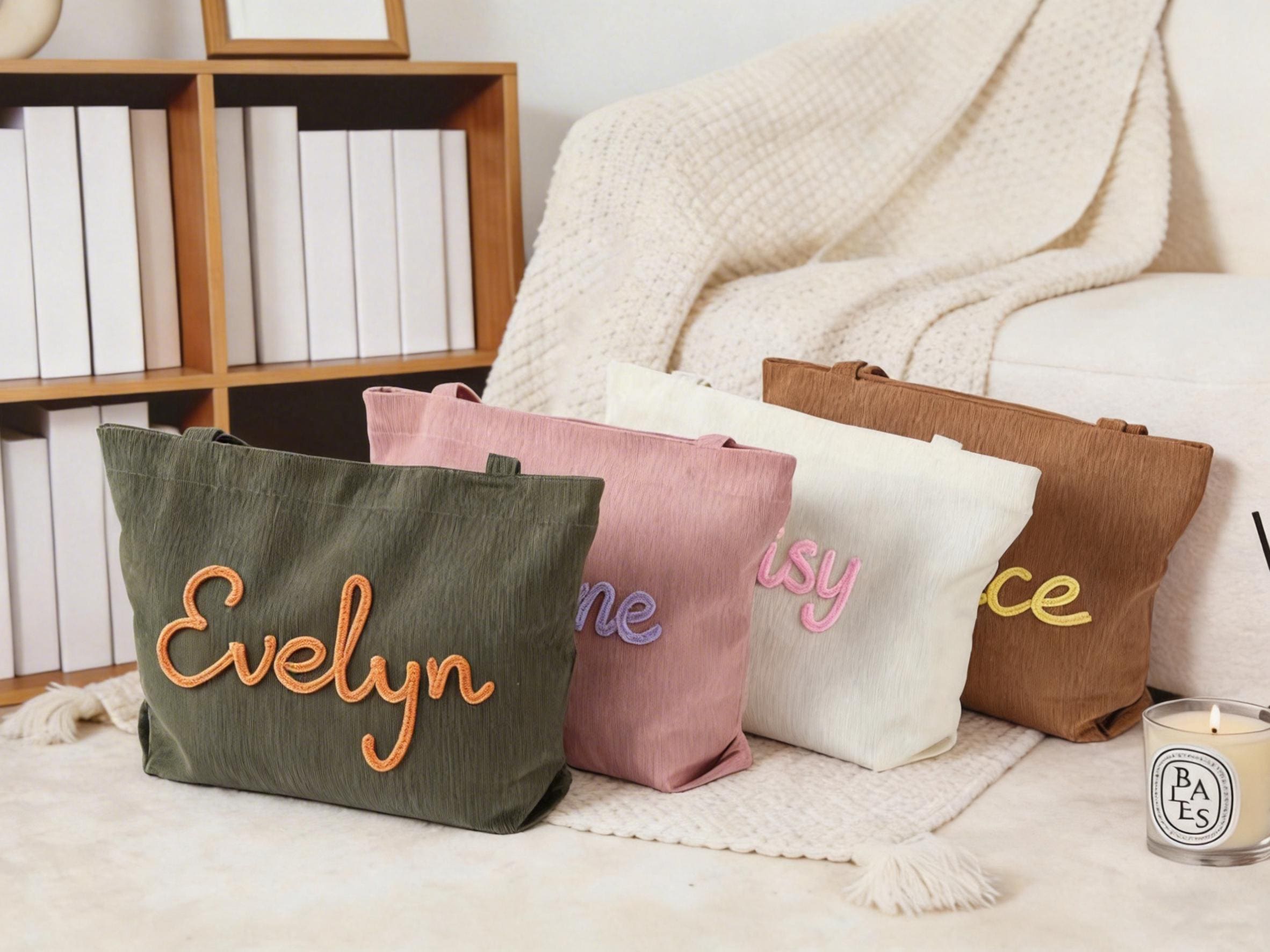 Personalized Embroidered Tote, Monogrammed Corduroy Tote Bag, Bachelorette Gifts,traveling Handbag, Bridesmaid Gift view 3