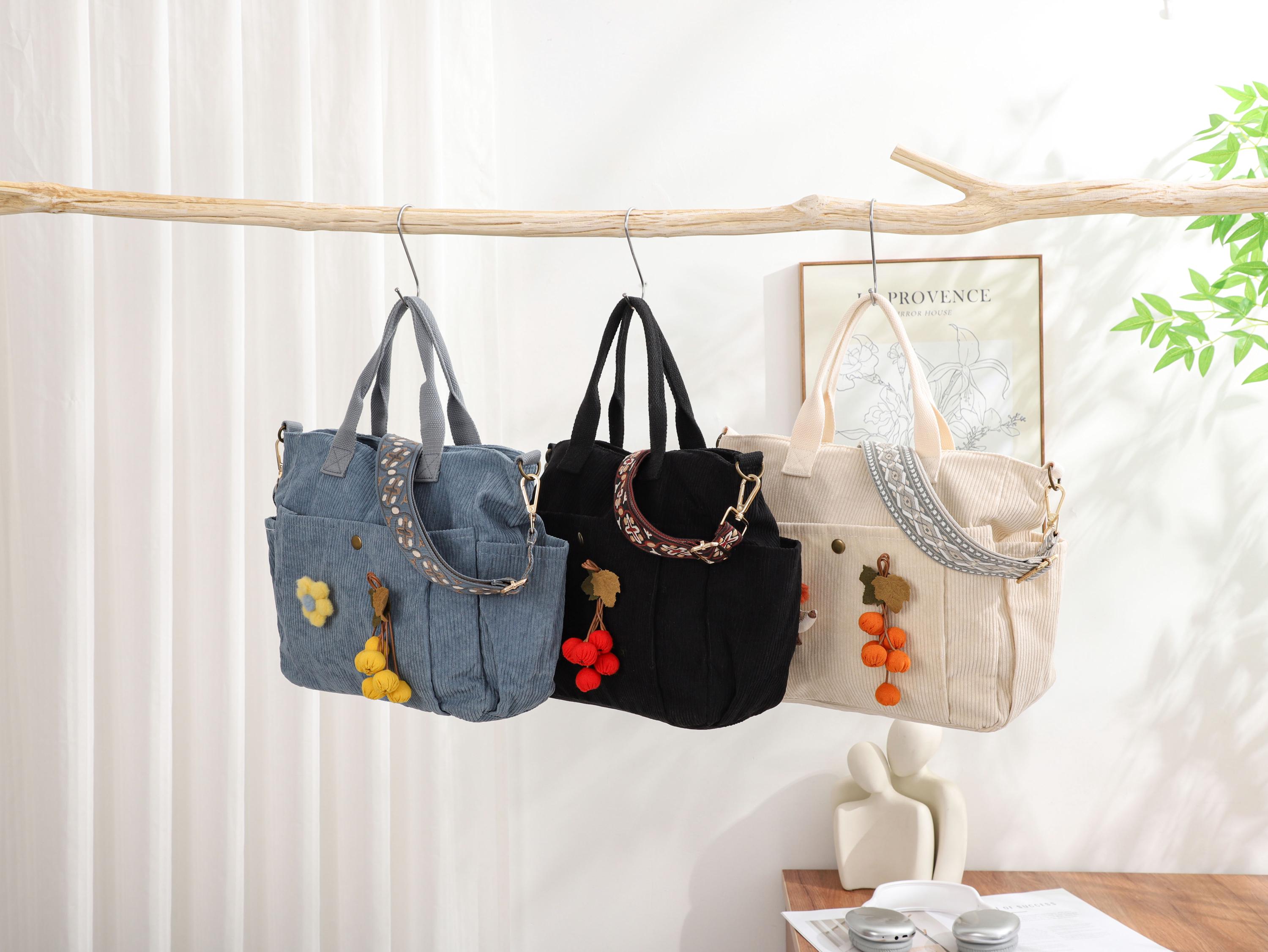 Corduroy Crossbody Bag With Adjustable Strap, Zipper Closure, Multiple Colors