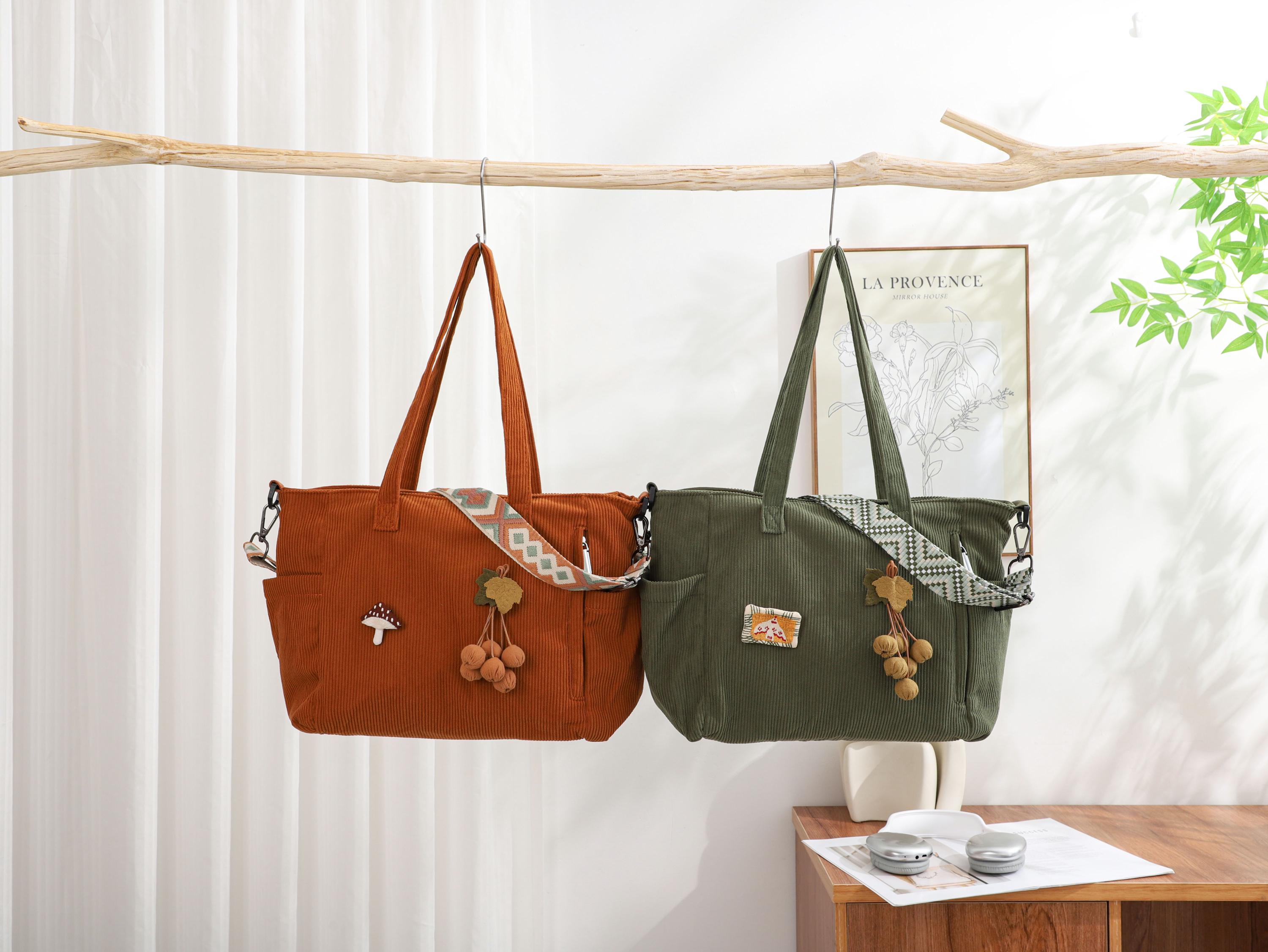 Corduroy Tote Bag, Adjustable Strap, Zipper Close, Everyday Travel Handbag view 4