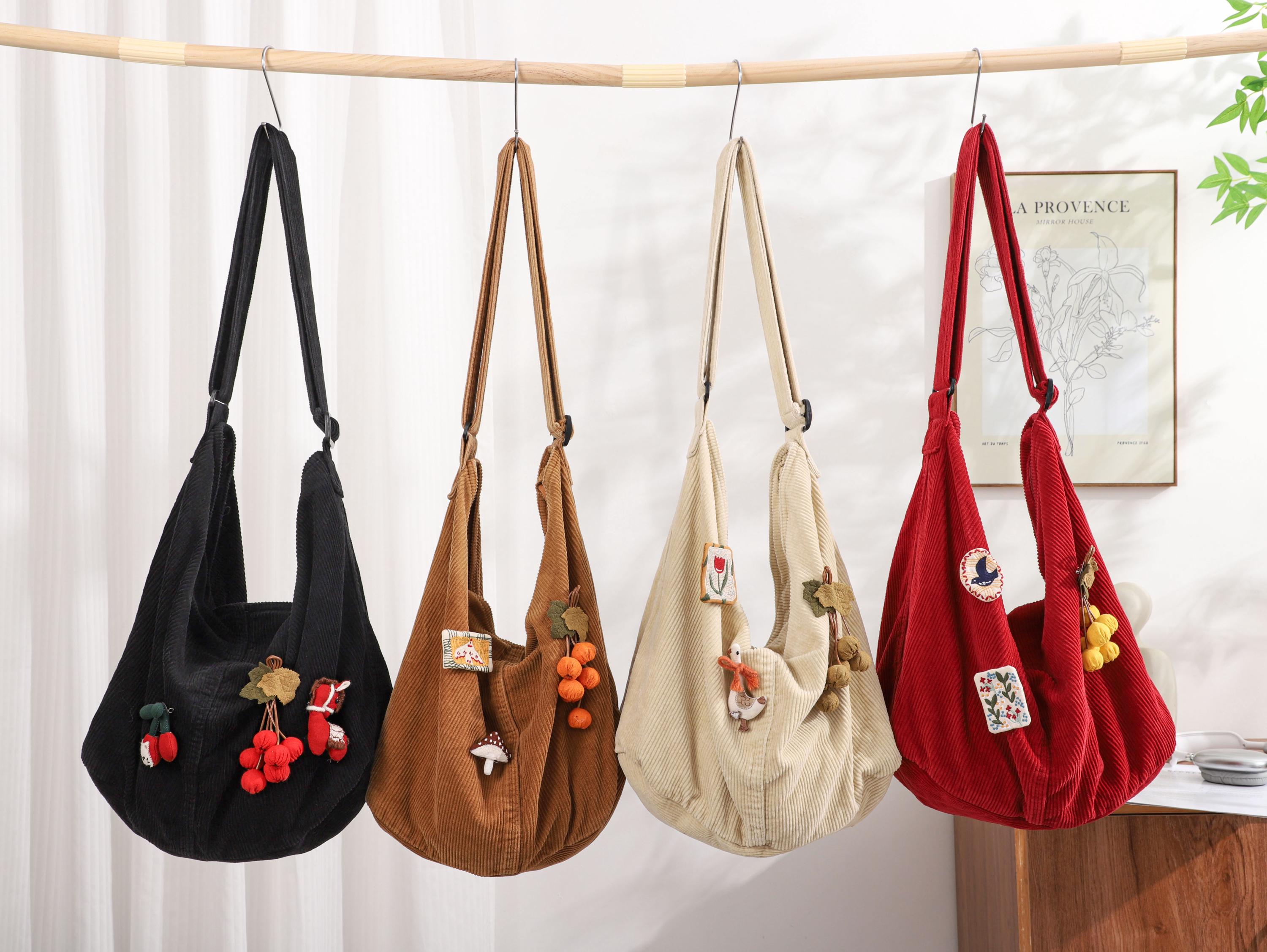 Corduroy Tote Bag, Adjustable Strap, Zipper Pockets, Women Shoulder Bag view 6