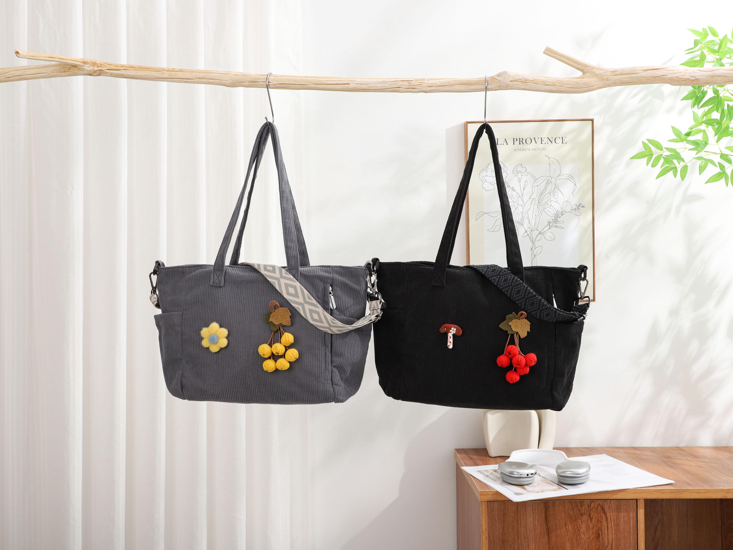 Corduroy Tote Bag, Adjustable Strap, Zipper Close, Everyday Travel Handbag view 2