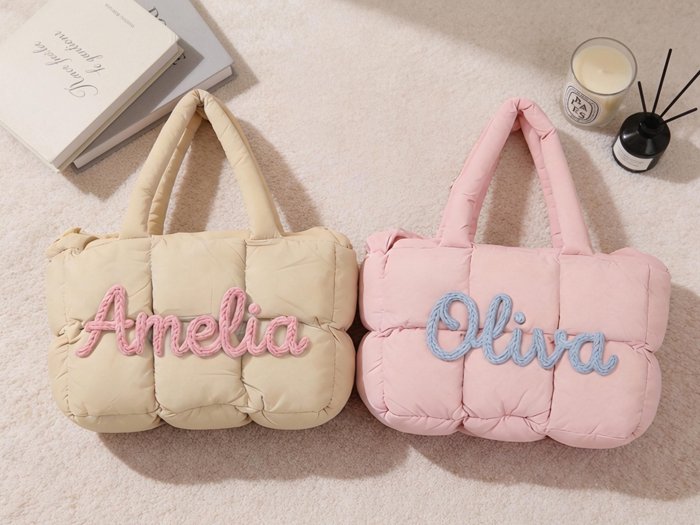 Personalized Quilted Nylon Puffer Tote Bag, Monogrammed Shoulder Bag view 9