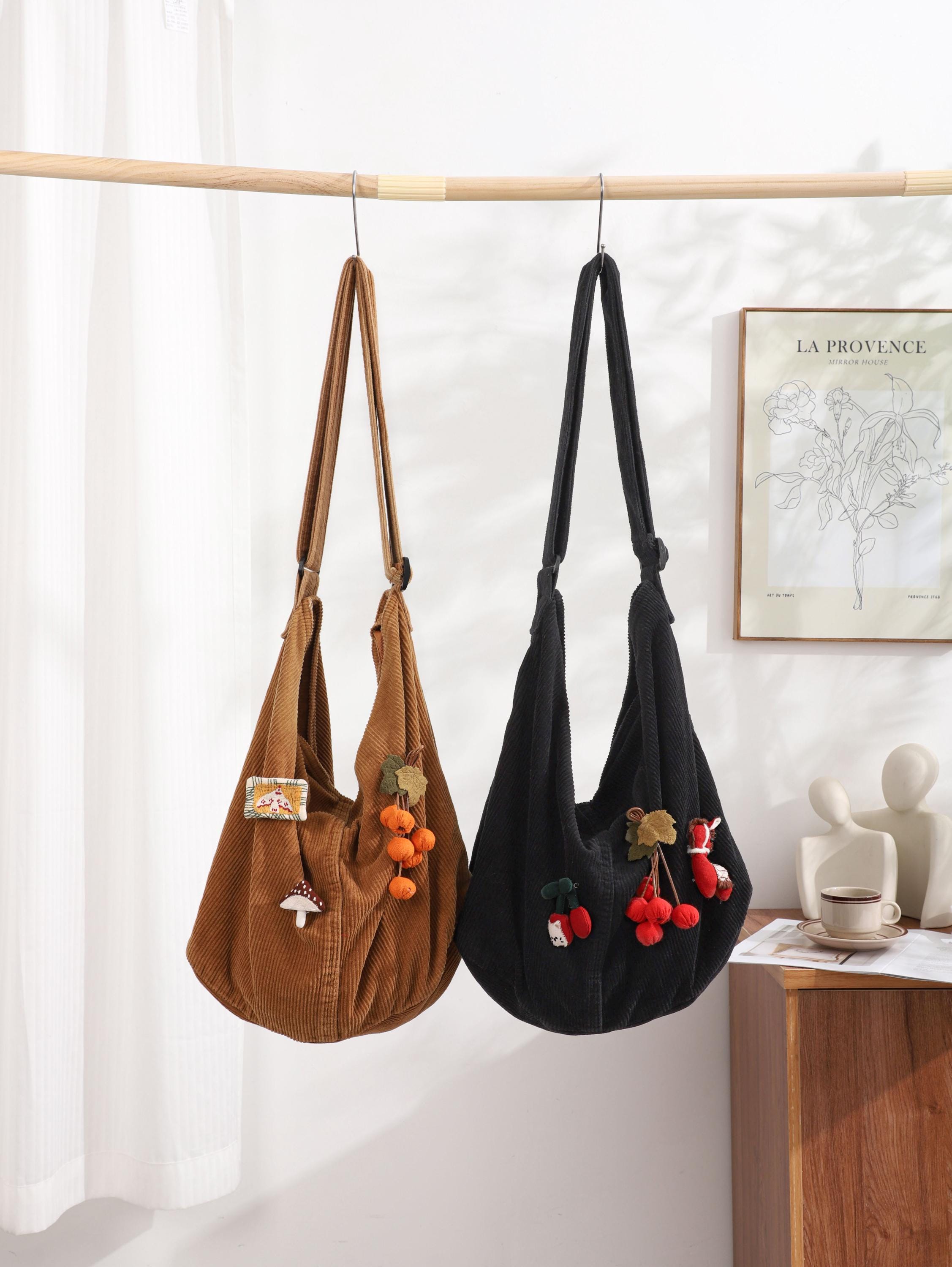 Corduroy Tote Bag, Adjustable Strap, Zipper Pockets, Women Shoulder Bag view 4