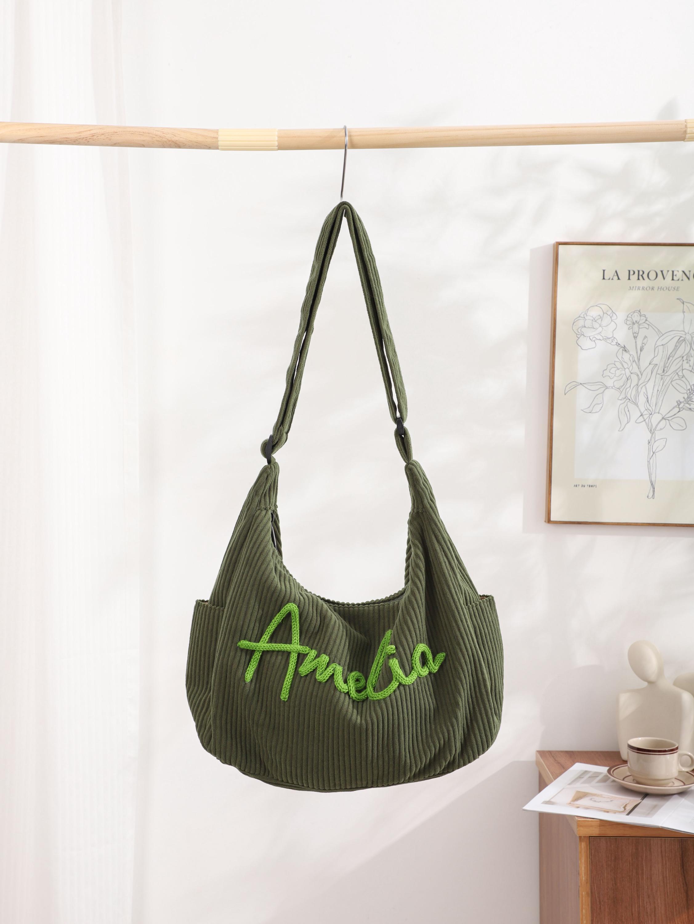 Personalised Corduroy Tote Bag, Custom Name Embroidered Crossbody, Travel Shopping Bag view 2