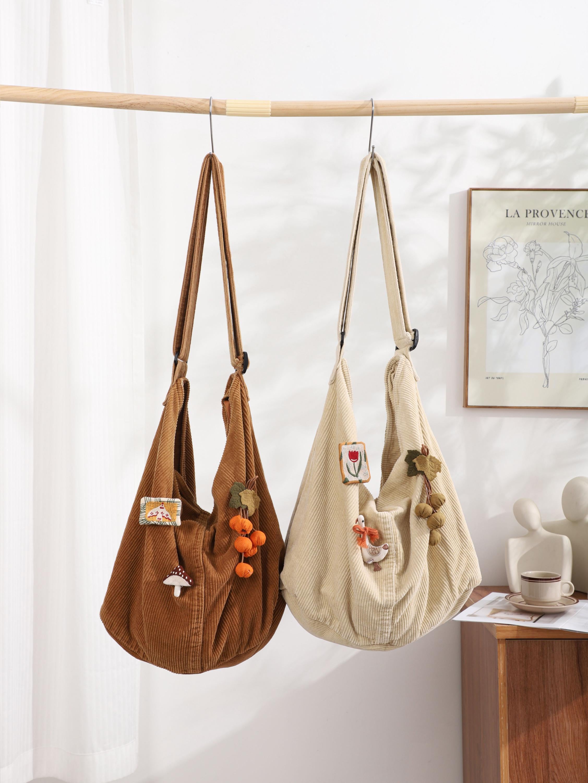 Corduroy Tote Bag, Adjustable Strap, Zipper Pockets, Women Shoulder Bag view 2