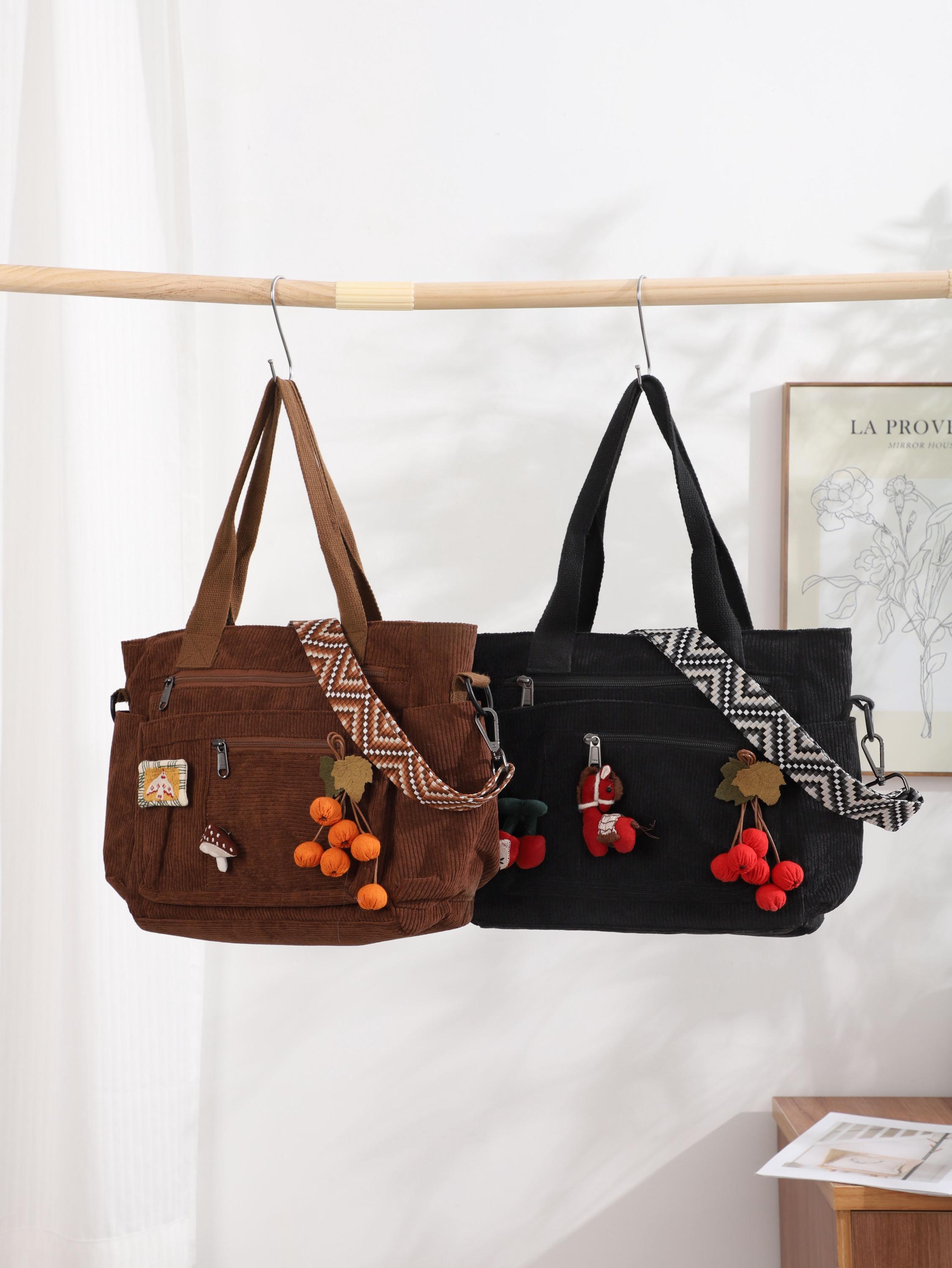 Retro Corduroy Shoulder Bag, Casual Hobo Crossbody Tote, Soft Fabric Zipper Bag view 2