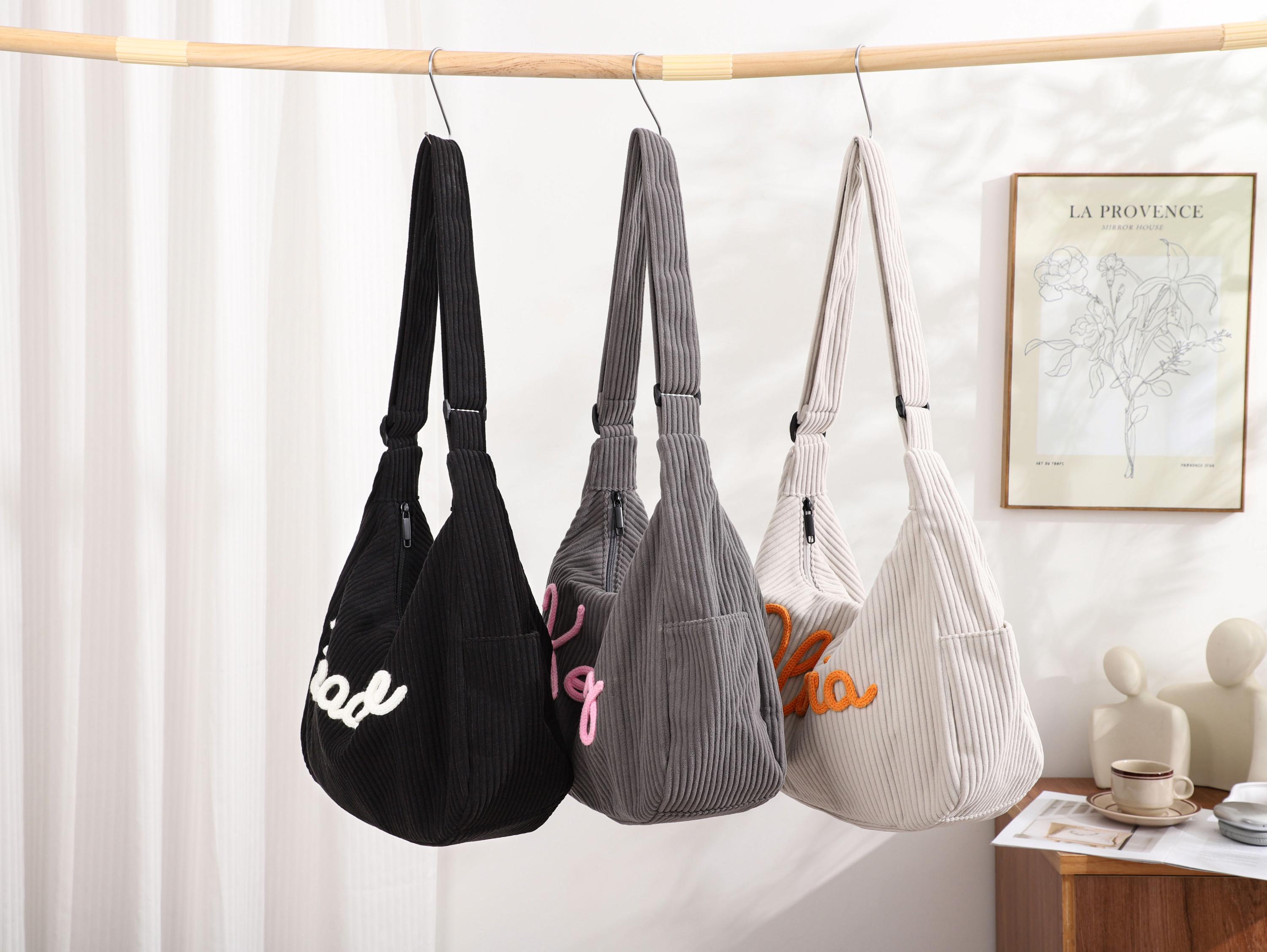 Personalised Corduroy Tote Bag, Custom Name Embroidered Crossbody, Travel Shopping Bag view 4