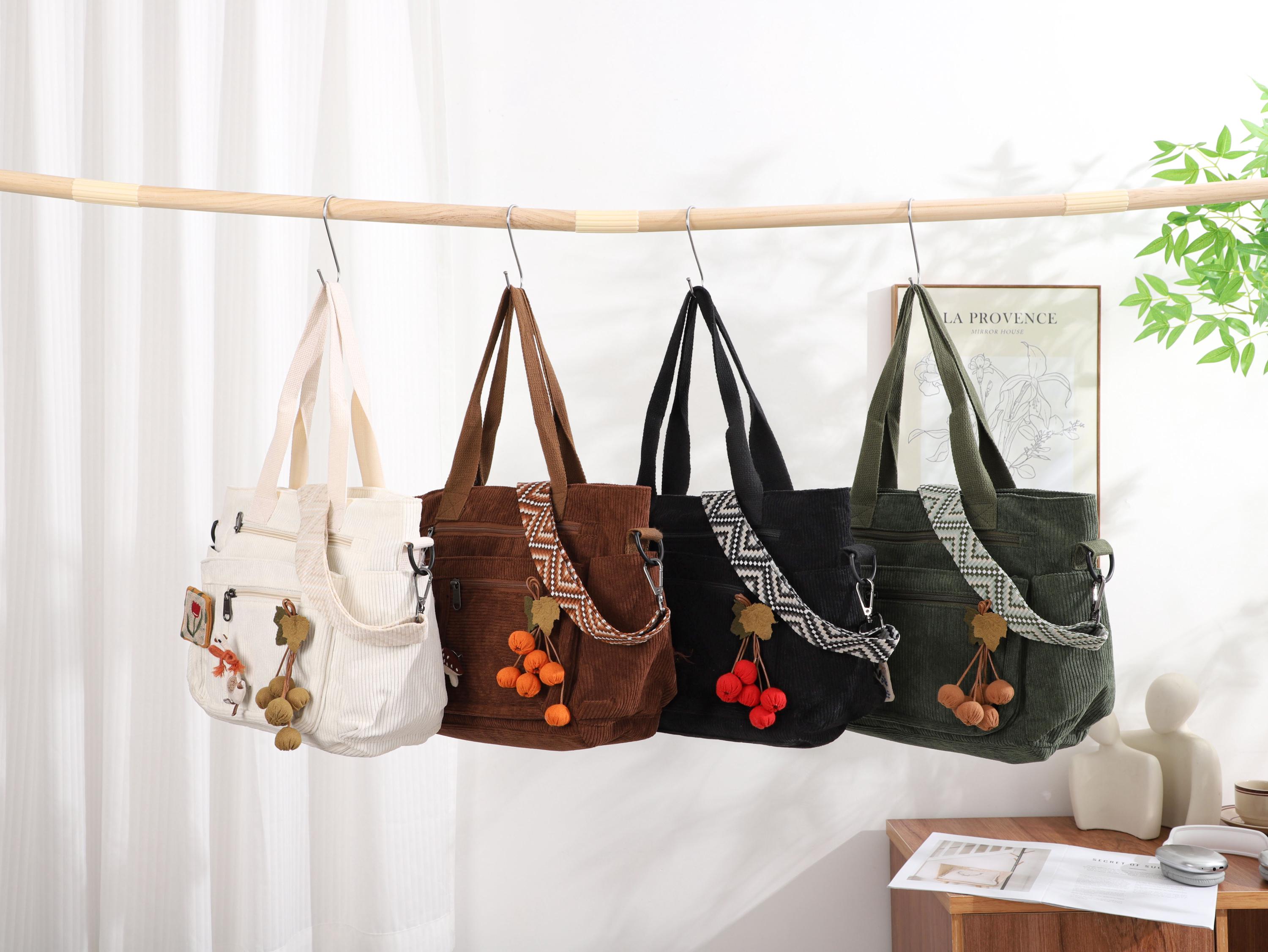 Retro Corduroy Shoulder Bag, Casual Hobo Crossbody Tote, Soft Fabric Zipper Bag view 5