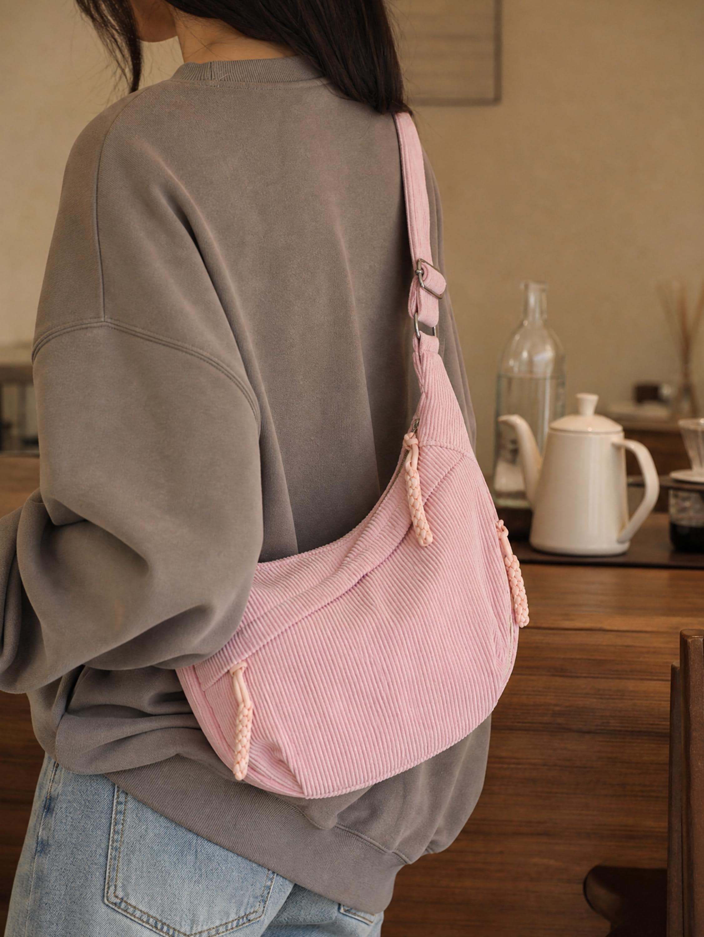 Minimalist Casual Corduroy Hobo Bag, Personalized Crossbody Bag, Lightweight Shoulder Bag, Travel Crossbody Bag With Adjustable Strap view 5
