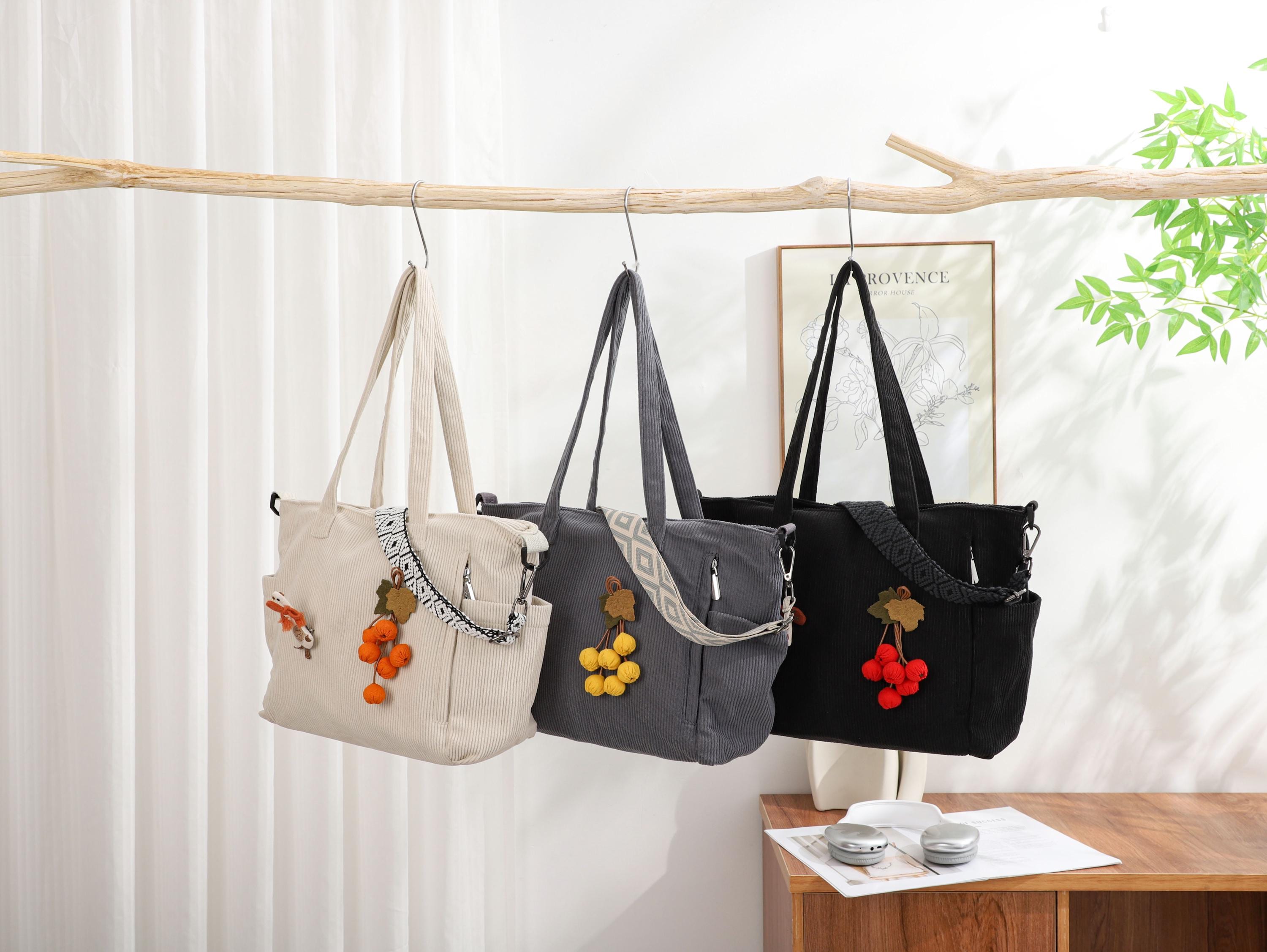 Corduroy Tote Bag, Adjustable Strap, Zipper Close, Everyday Travel Handbag view 7