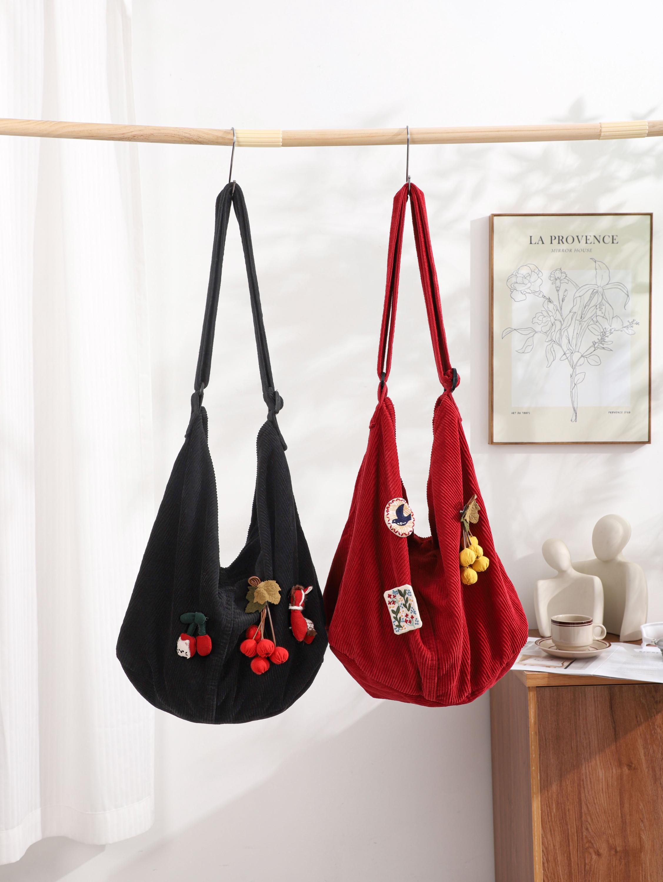 Corduroy Tote Bag, Adjustable Strap, Zipper Pockets, Women Shoulder Bag view 3