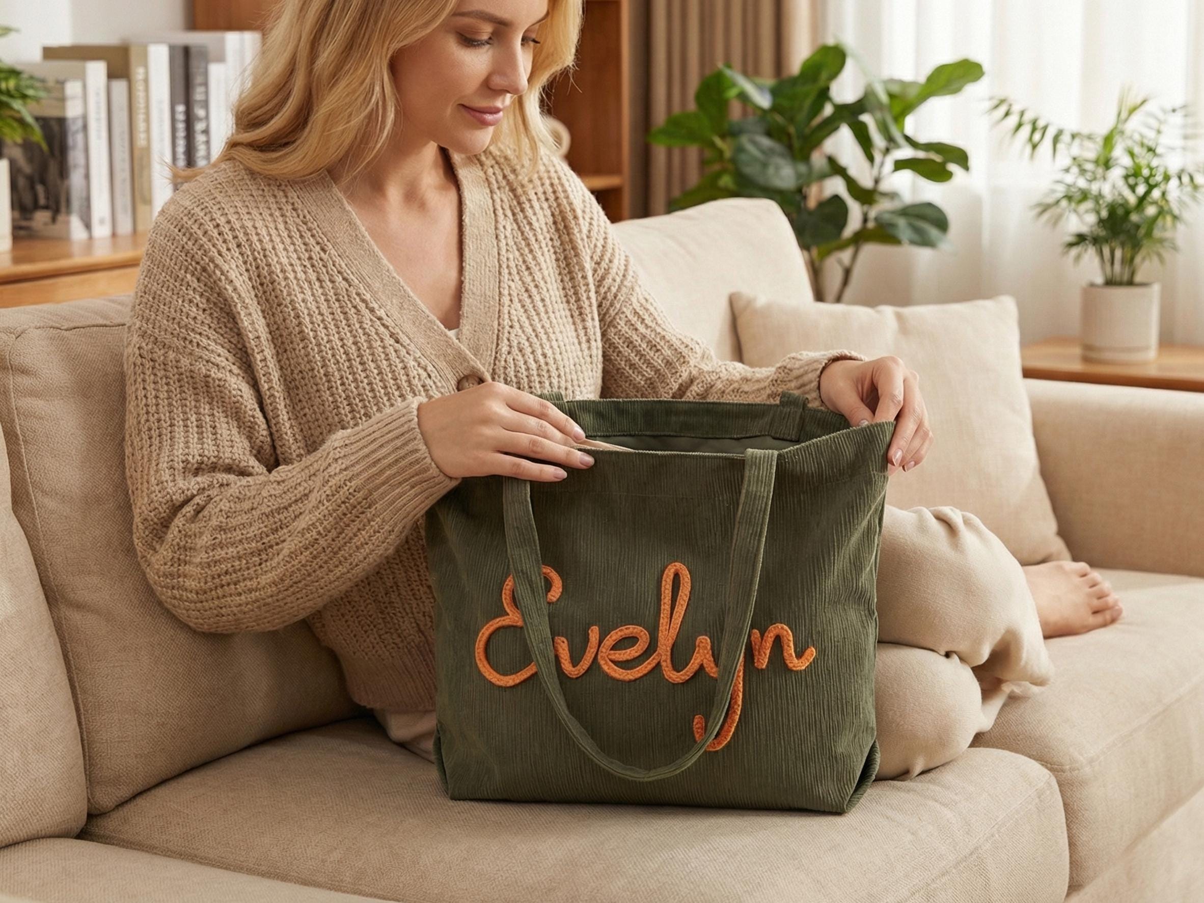 Personalized Embroidered Tote, Monogrammed Corduroy Tote Bag, Bachelorette Gifts,traveling Handbag, Bridesmaid Gift view 8
