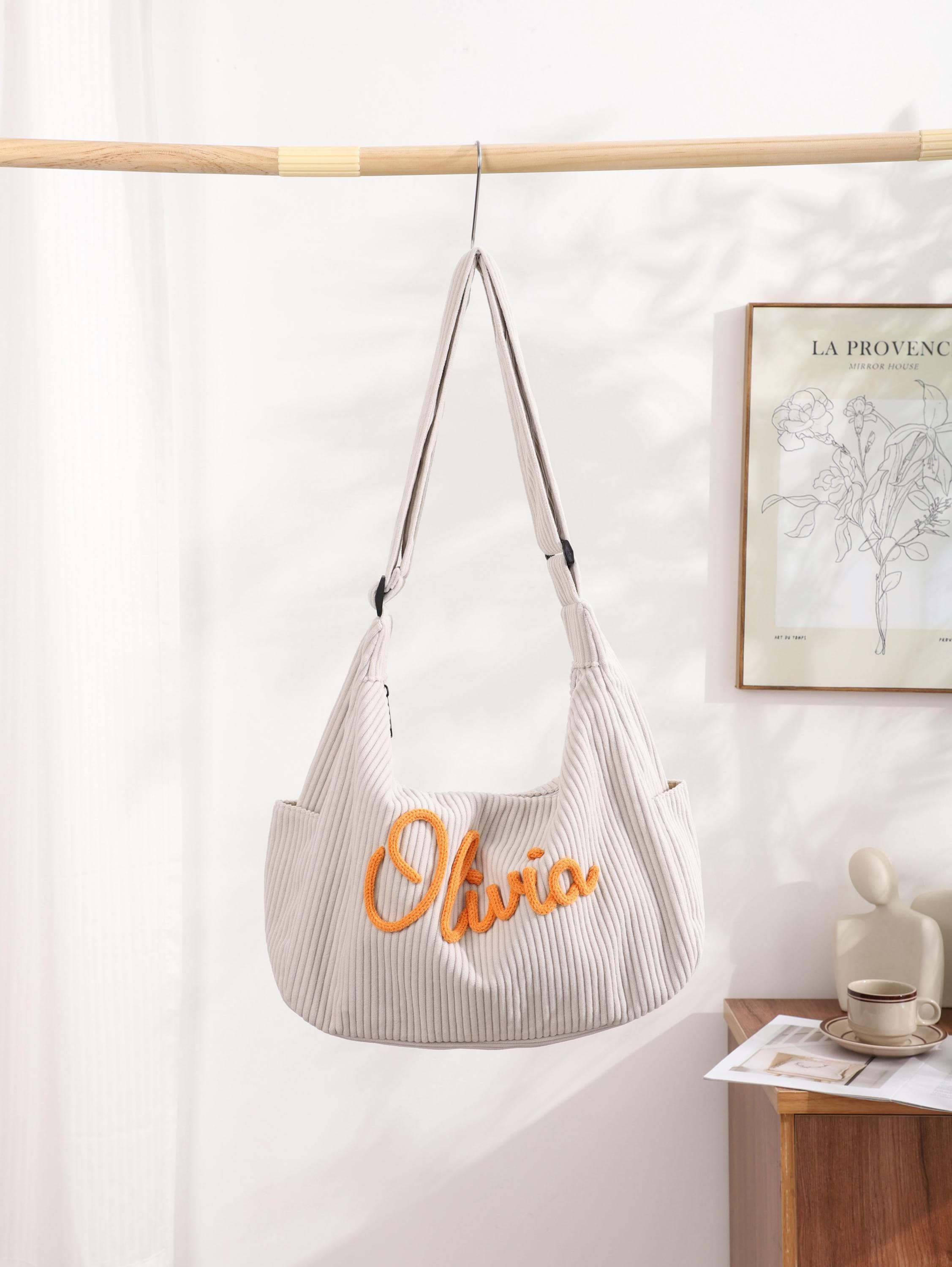 Personalised Corduroy Tote Bag, Custom Name Embroidered Crossbody, Travel Shopping Bag view 7