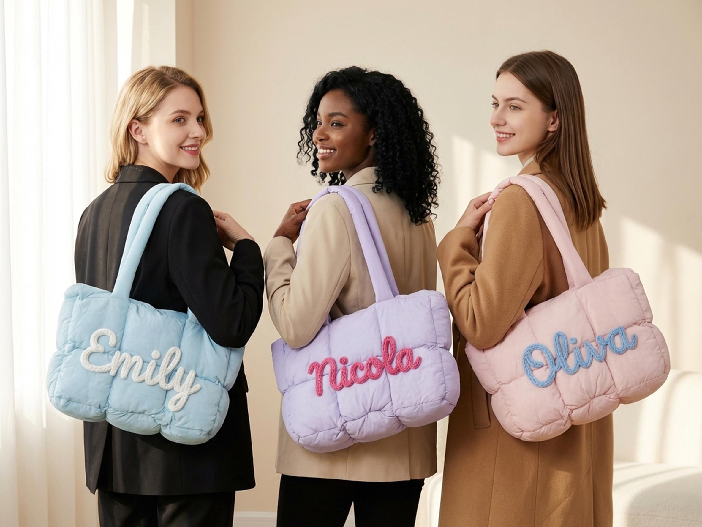 Personalized Quilted Nylon Puffer Tote Bag, Monogrammed Shoulder Bag view 2