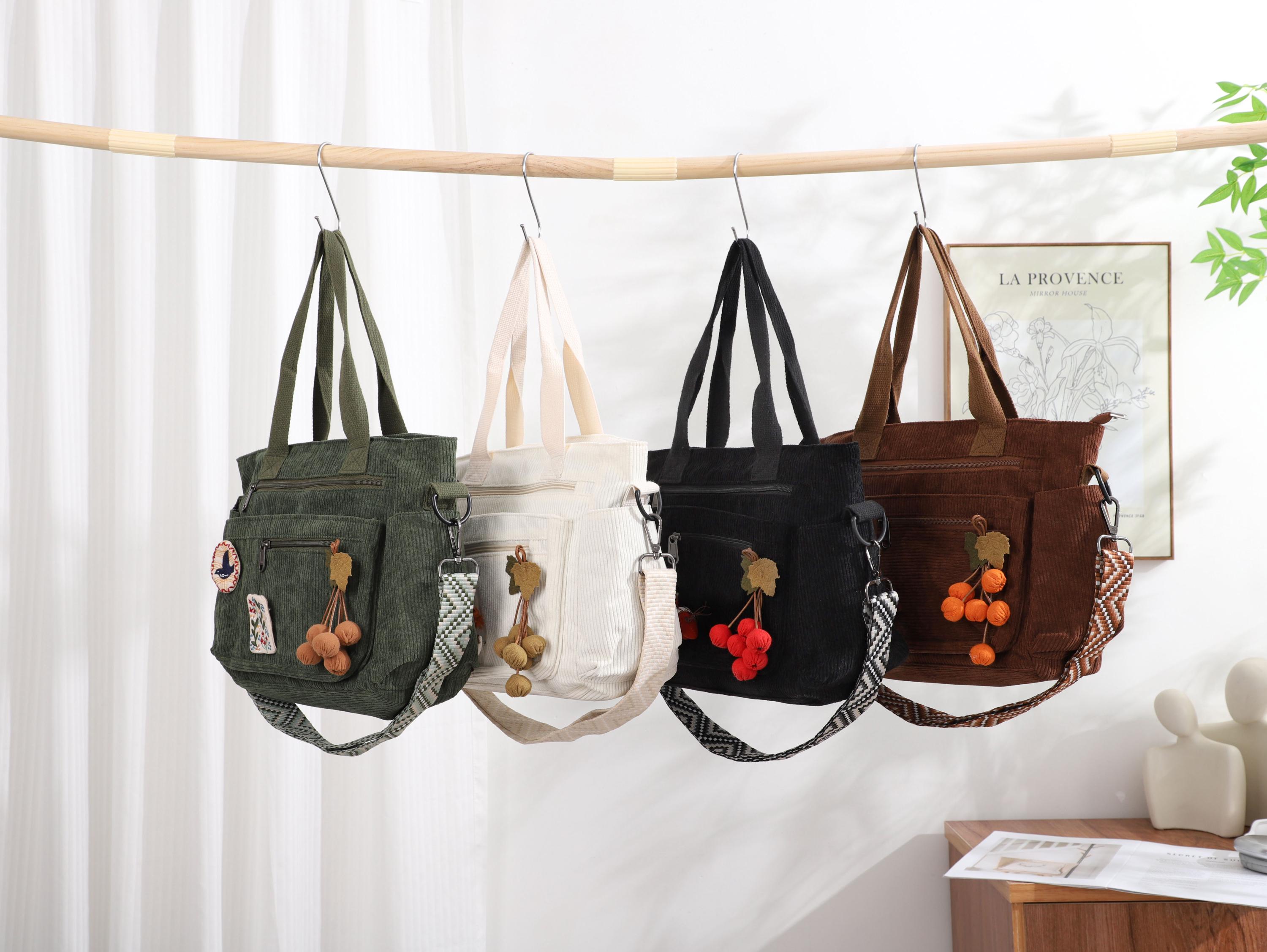 Retro Corduroy Shoulder Bag, Casual Hobo Crossbody Tote, Soft Fabric Zipper Bag view 10