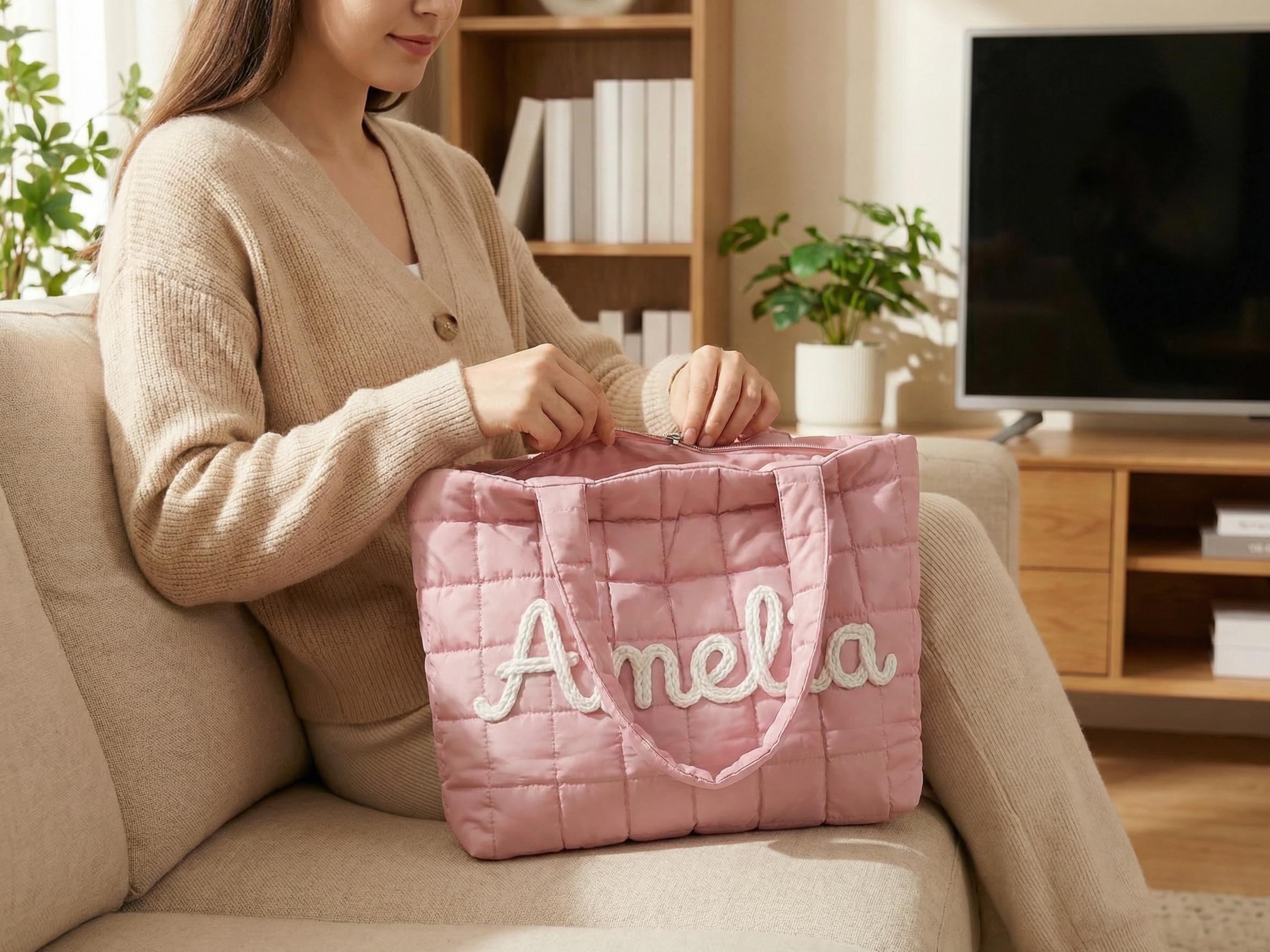 Personalized Quilted Nylon Tote Bag, Custom Monogram Beach Bag view 9