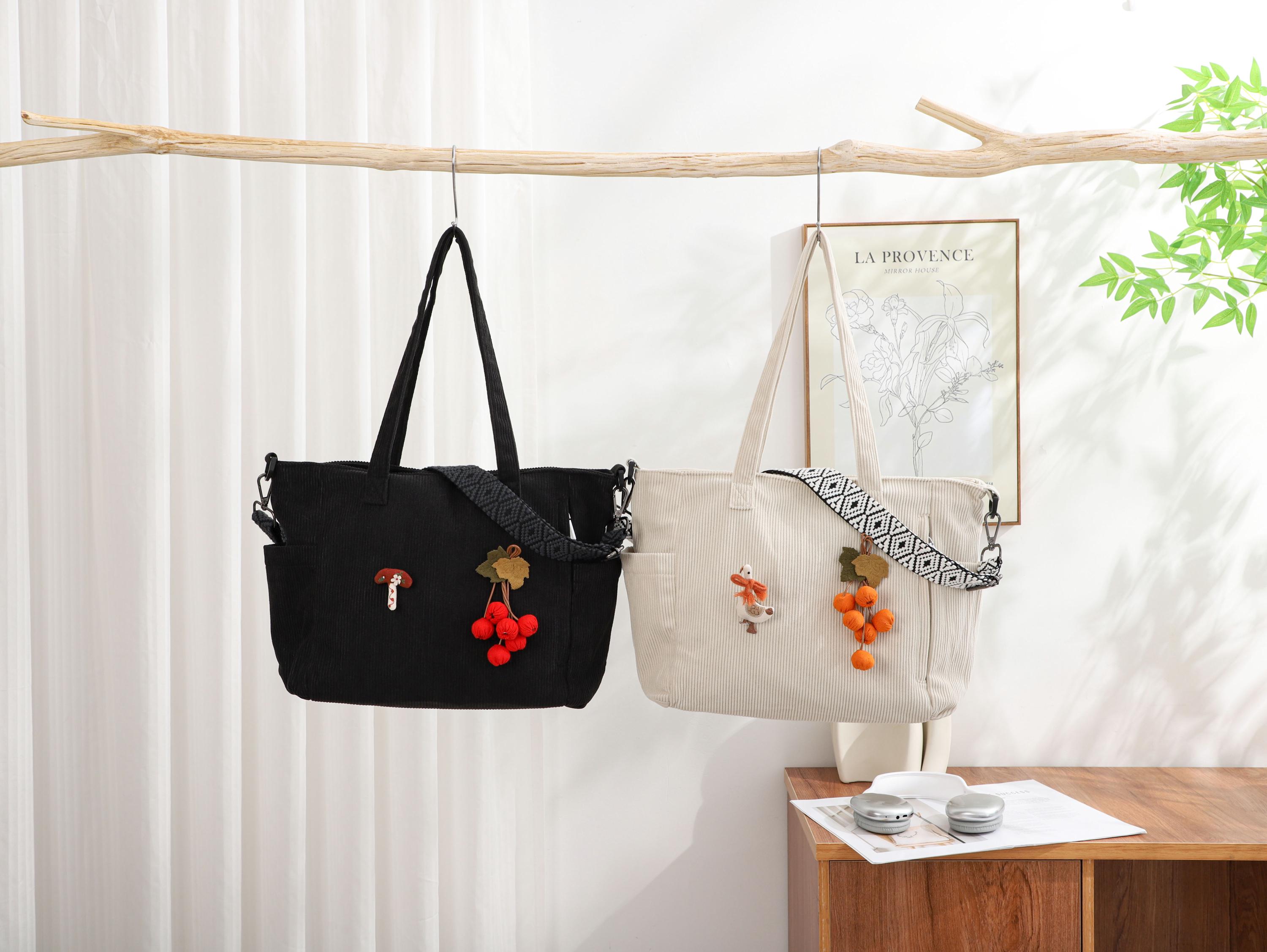 Corduroy Tote Bag, Adjustable Strap, Zipper Close, Everyday Travel Handbag view 6