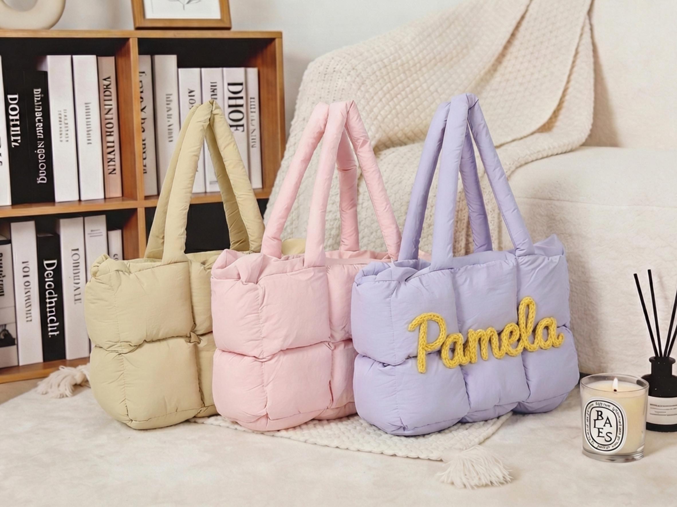 Personalized Quilted Nylon Puffer Tote Bag, Monogrammed Shoulder Bag view 5