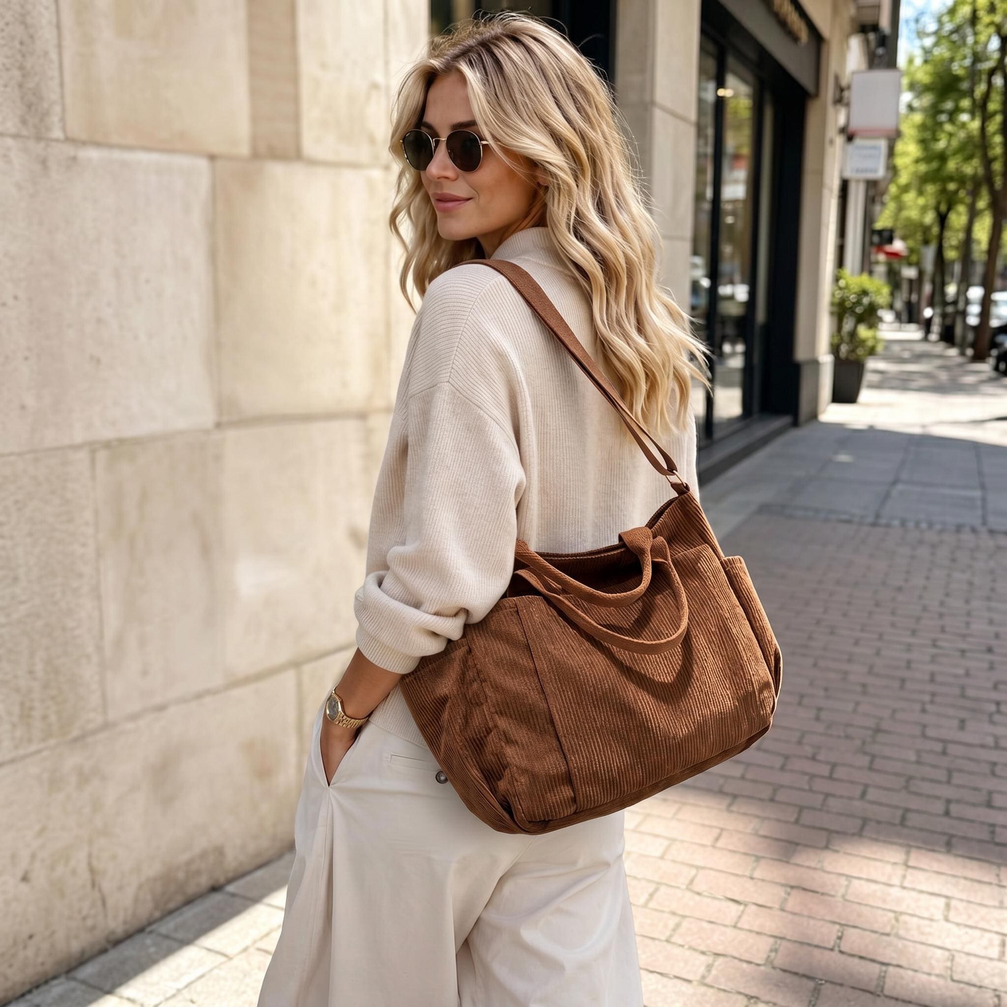 Corduroy Tote Bag, Adjustable Strap, Zipper Closure, Multiple Colors