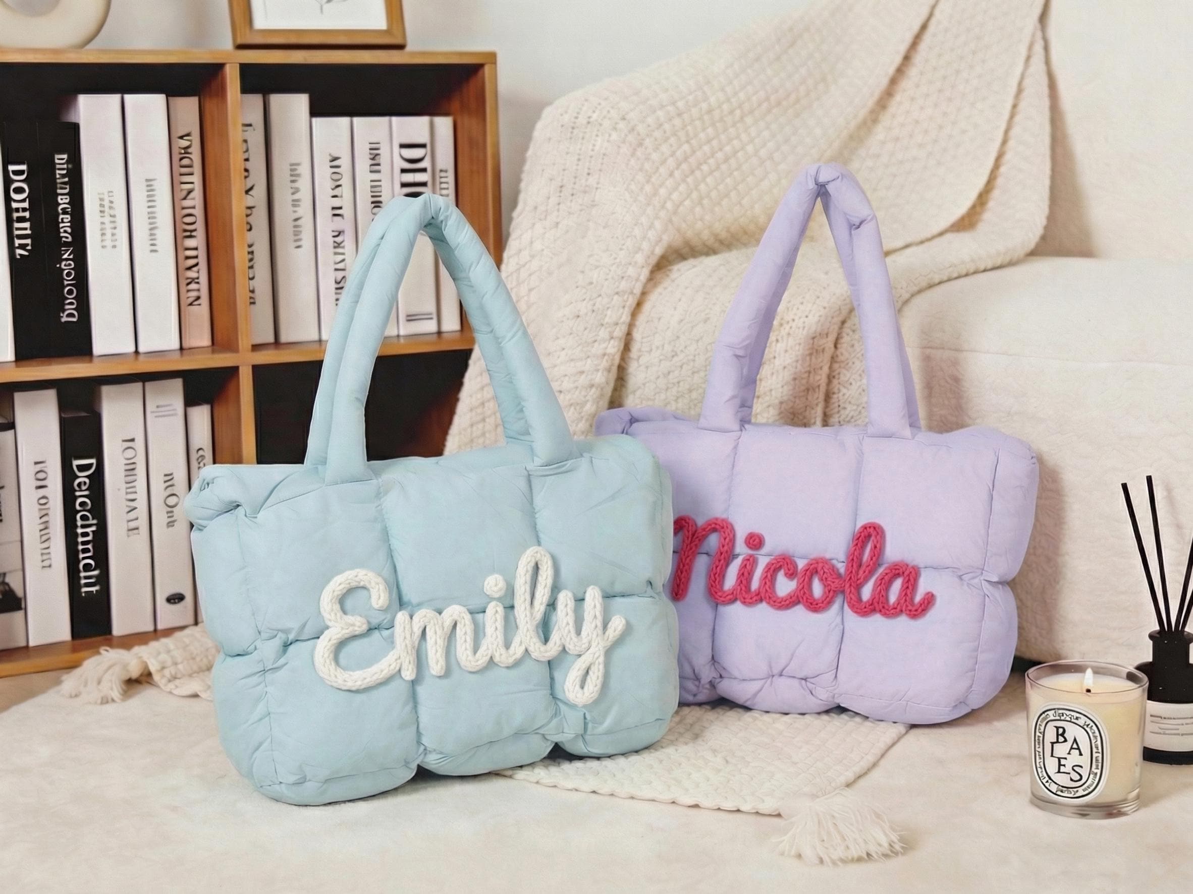 Personalized Quilted Nylon Puffer Tote Bag, Monogrammed Shoulder Bag view 3