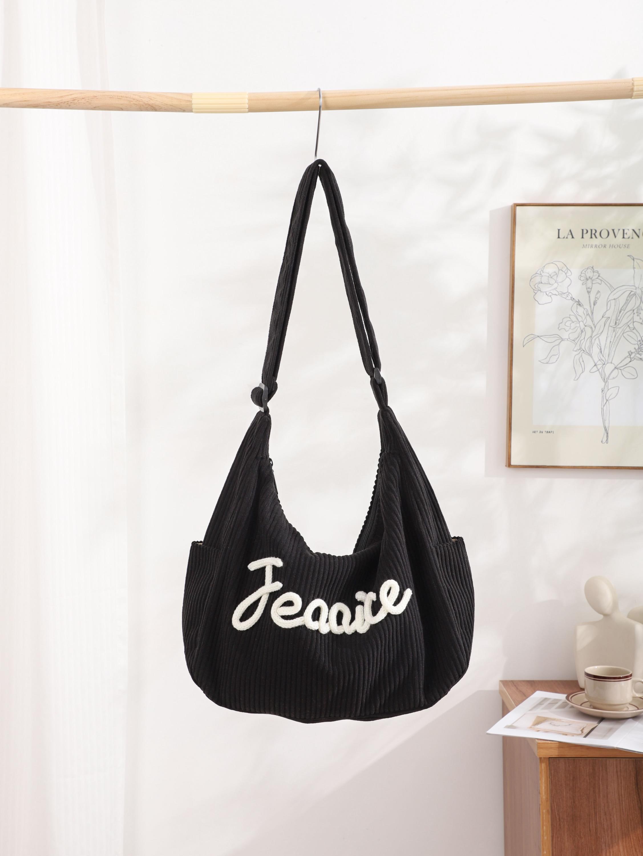 Personalised Corduroy Tote Bag, Custom Name Embroidered Crossbody, Travel Shopping Bag view 5