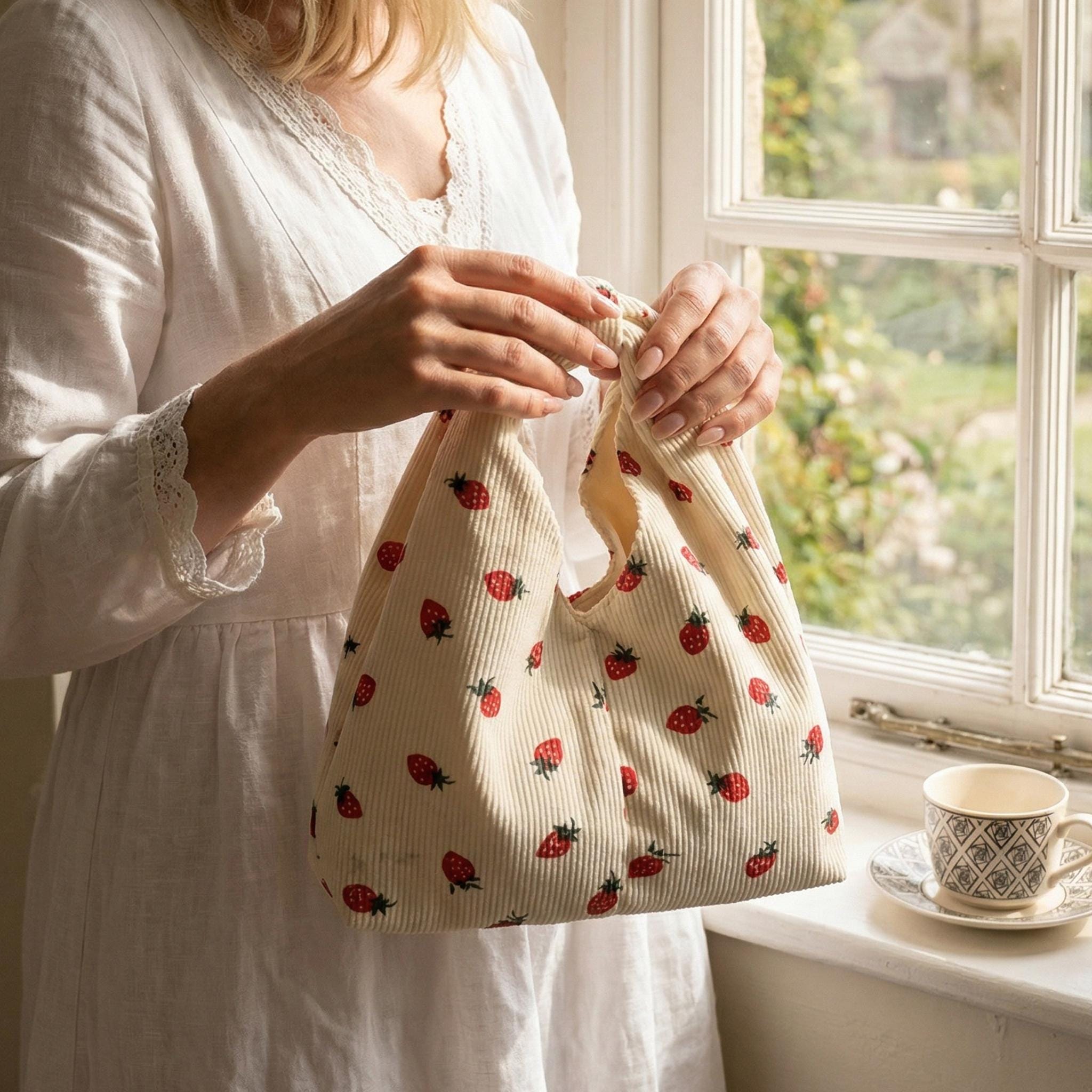 Corduroy Strawberry Knot Wrist Bag, Cute Mini Tote Bag for Women, Handmade Small Handbag, Casual Daily Pouch, Gift for Her view 4