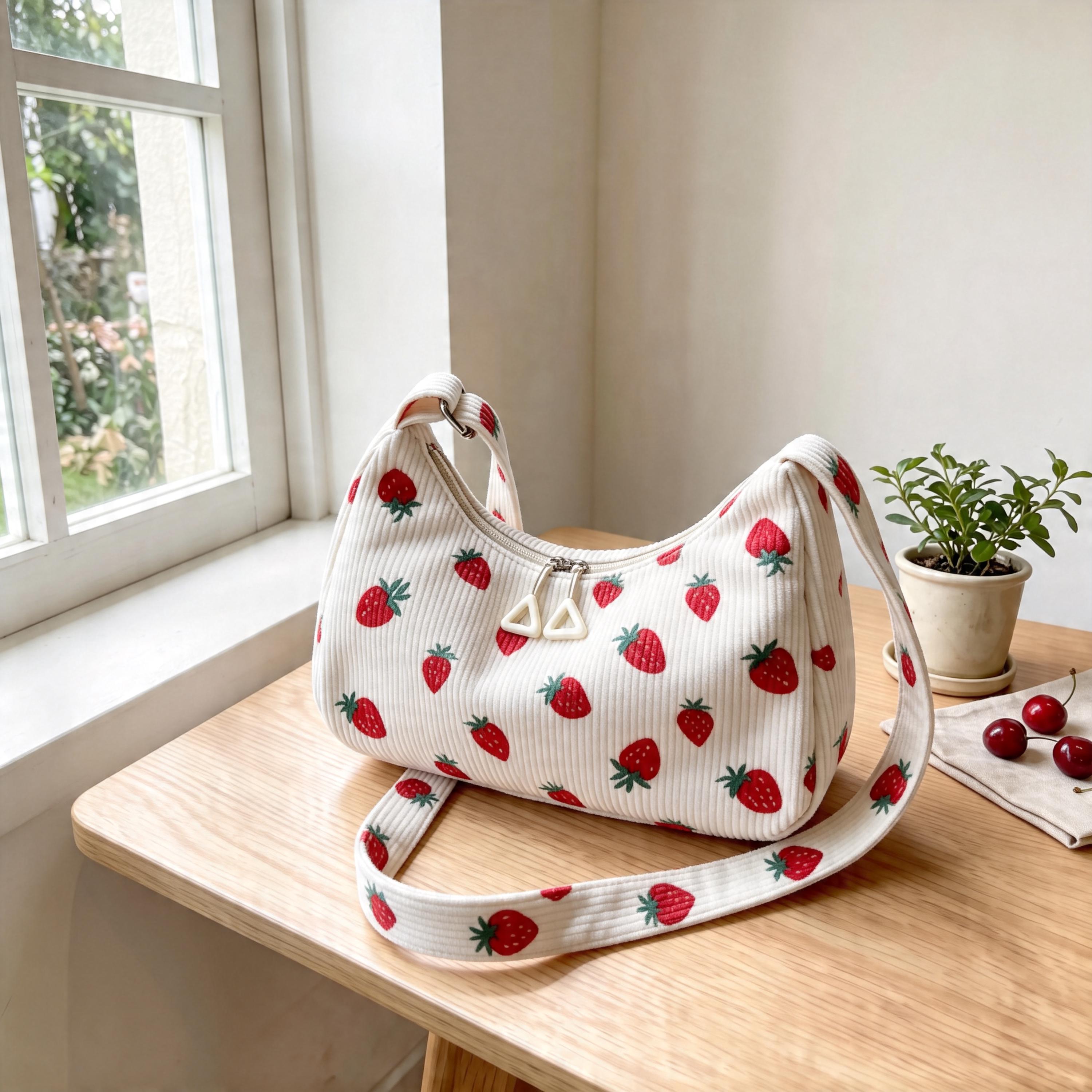 Cute Corduroy Shoulder Bag, Cherry Strawberry Print Hobo Bag, Retro Small Crossbody Bag, Y2K Aesthetic Purse for Women view 11