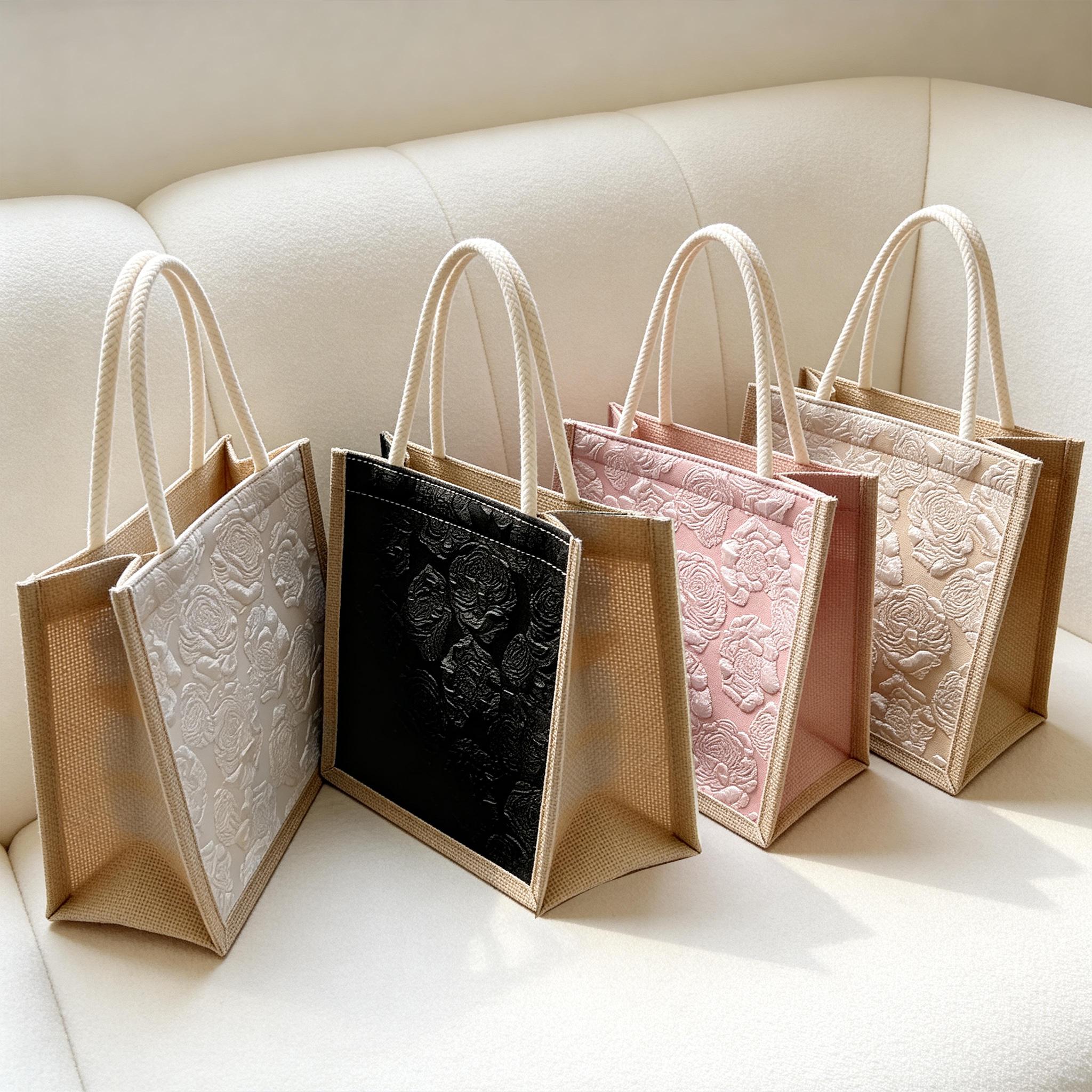 Small Burlap Tote Bag for Women Textured Floral Jacquard Handbag Eco Friendly Shopper Woven Market Purse Bridesmaid Proposal Gift Bag view 3