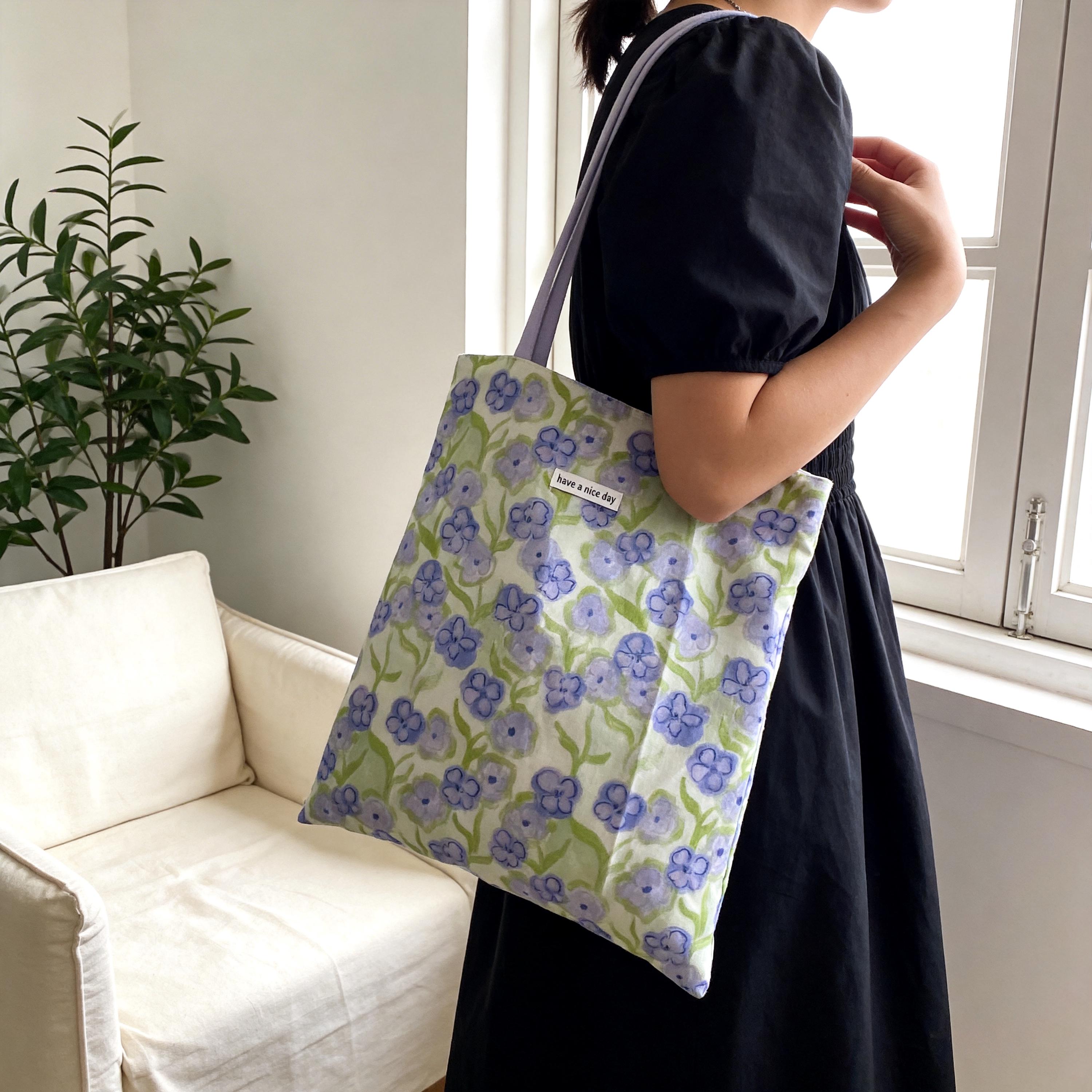 Reversible Cotton Canvas Tote, Soft Floral Shoulder Bag, Two Way Minimalist Work Purse, Light Green Strap Slouchy Everyday Bag view 4