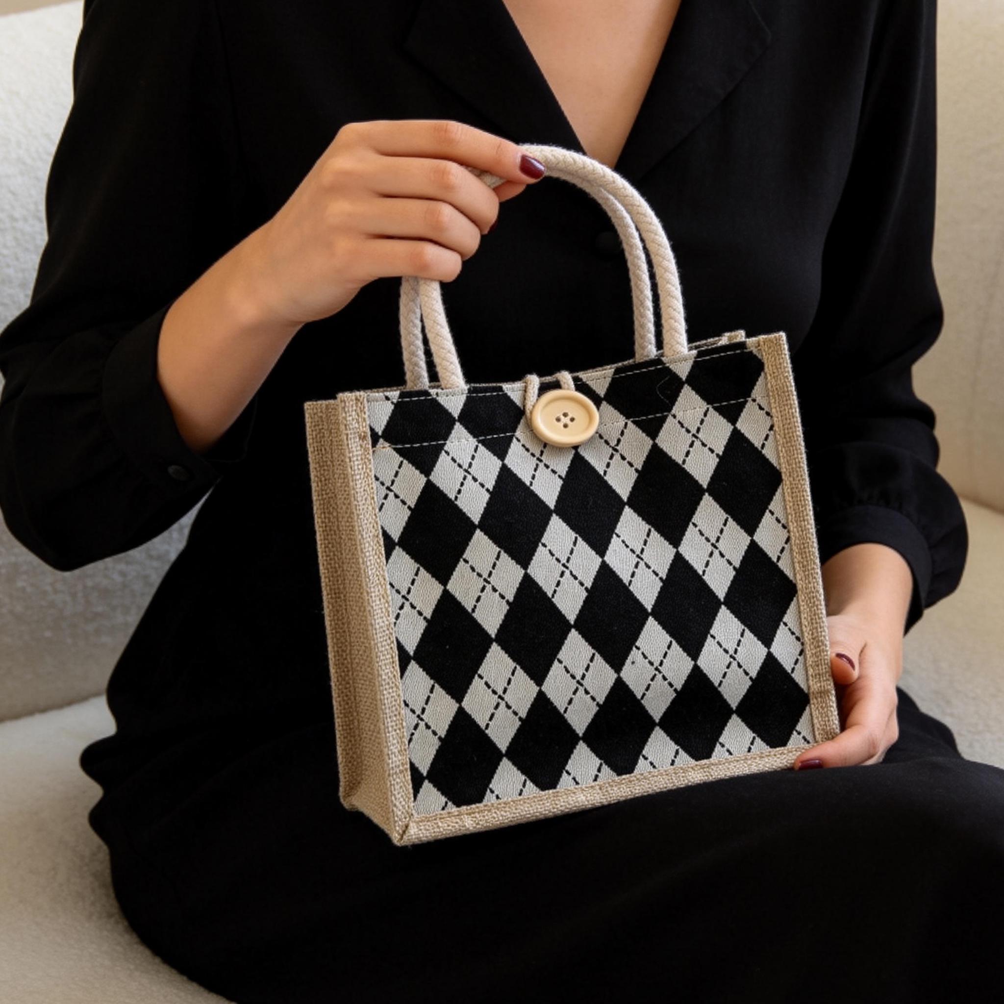 Small Argyle Tote Bag | Woven Jute Mini Handbag | Preppy Plaid Lunch Purse | Vintage Top Handle Bag | Casual Summer Accessory Gift for Her view 8