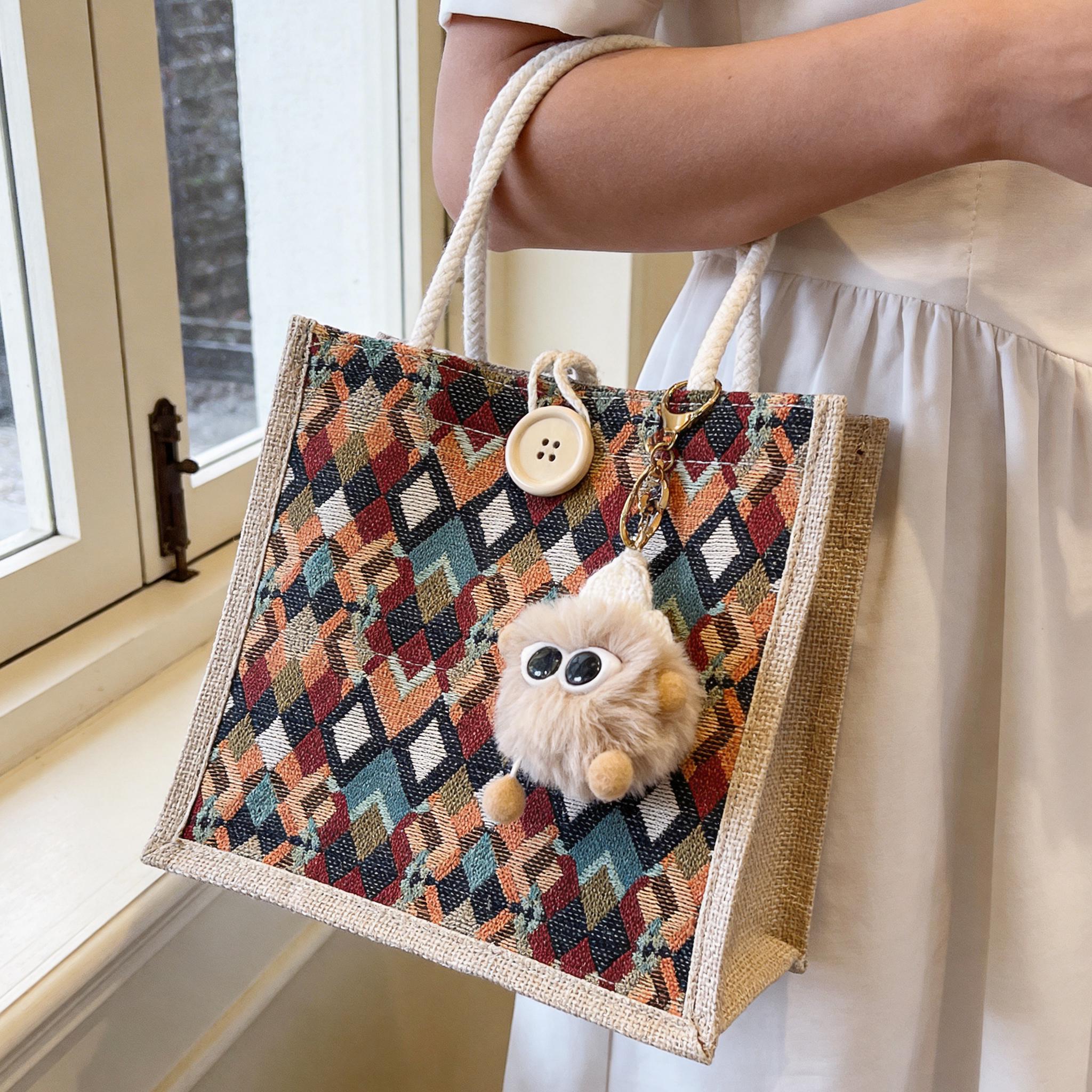 Boho Geometric Mini Tote, Woven Jute Handbag With Button, Everyday Reusable Lunch Bag, Cute Top Handle Purse, Mothers Day Gift for Mom view 9