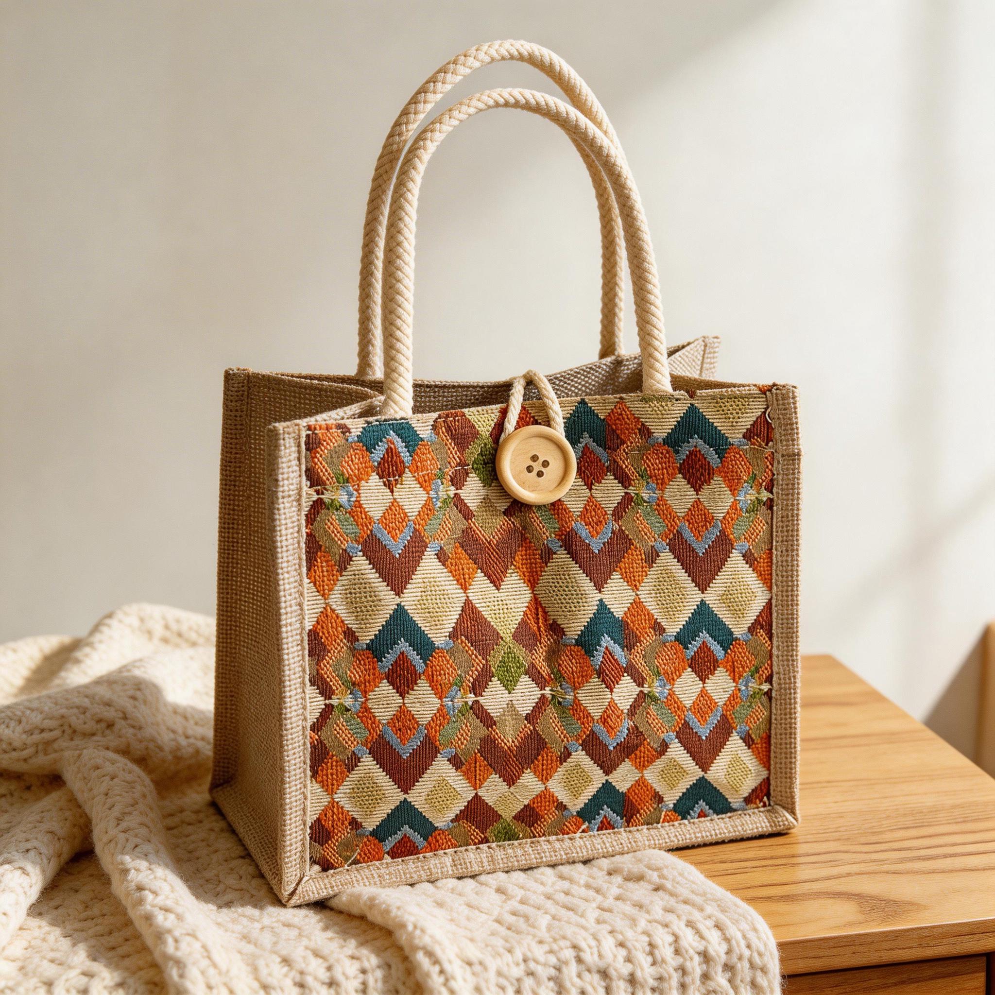Boho Geometric Mini Tote, Woven Jute Handbag With Button, Everyday Reusable Lunch Bag, Cute Top Handle Purse, Mothers Day Gift for Mom view 2