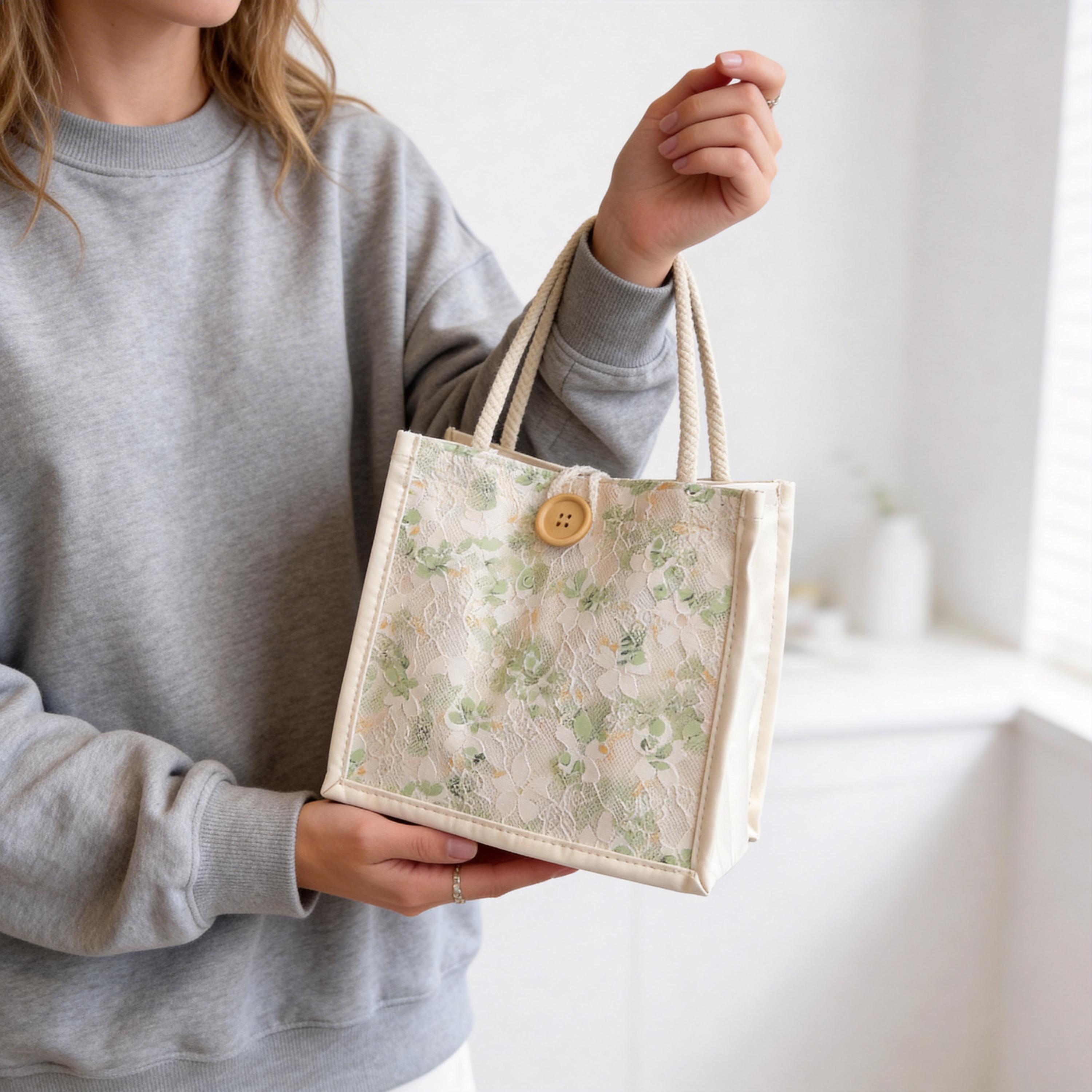 Floral Lace Vegan Leather Tote, Small Structured Handbag, PU Leather Handbag, Cute Lunch Box, Mothers Day Gift view 2