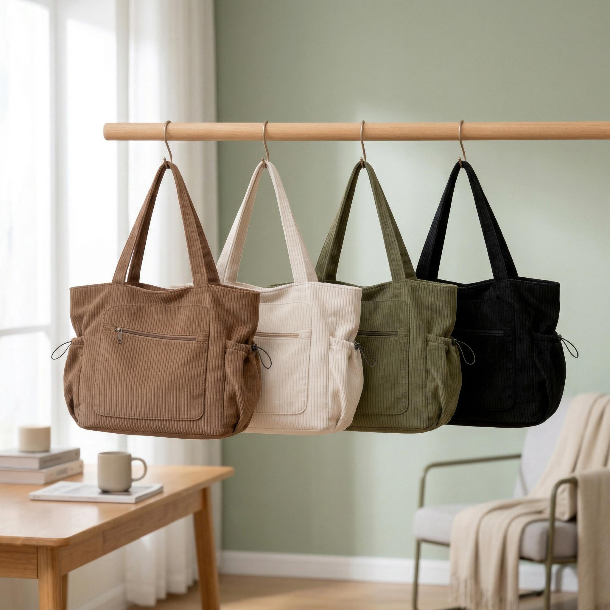 Large Corduroy Tote Bag, Retro Soft Casual Shoulder Bag With Pockets, Everyday Handbag for School Work Travel, Women’s Fashion Daily Purse view 8