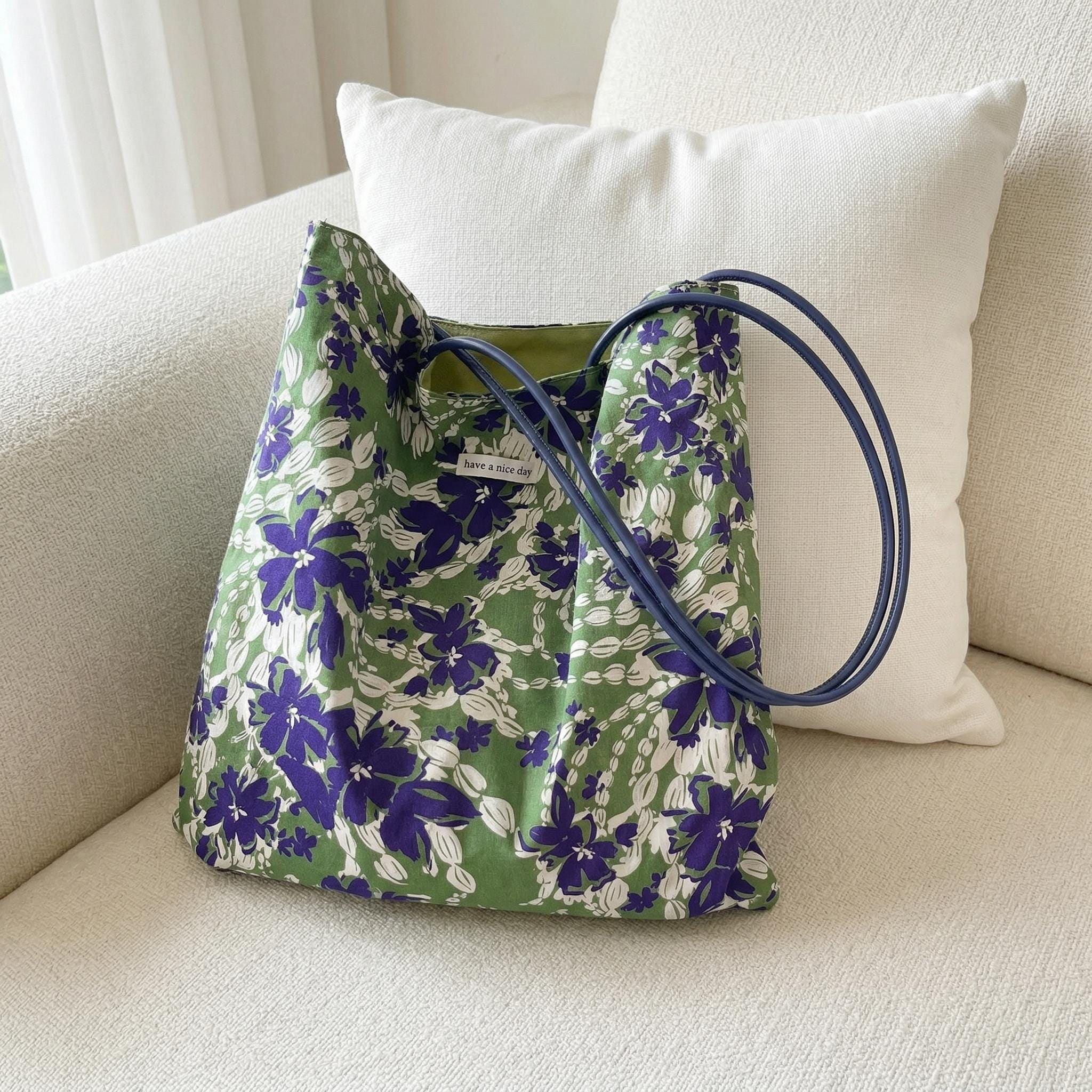 Reversible Floral Tote Bag Slouchy Cotton Canvas Shoulder Purse Two Way Minimalist Bag Aesthetic Everyday Commuter Handbag,gift for Her view 5