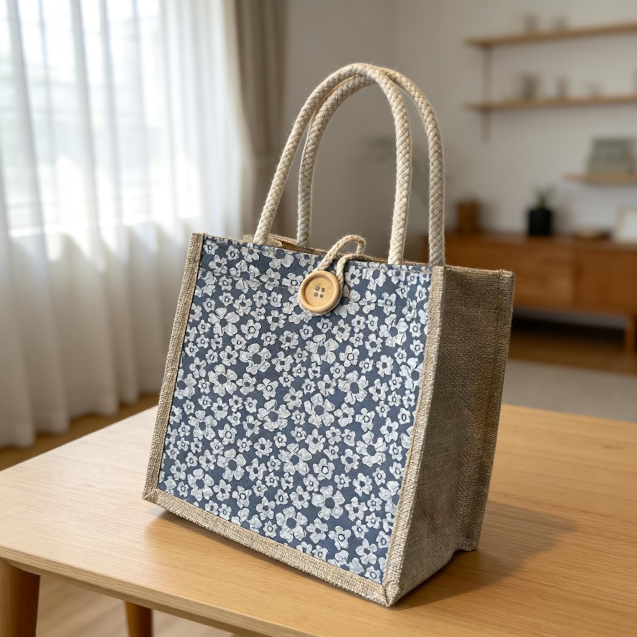 Floral Jute Handbag for Women, Spring Jute Tote With Wooden Button, Small Burlap Lunch Bag, Rustic Wooden Button Handbag, Mothers Day Gift view 5