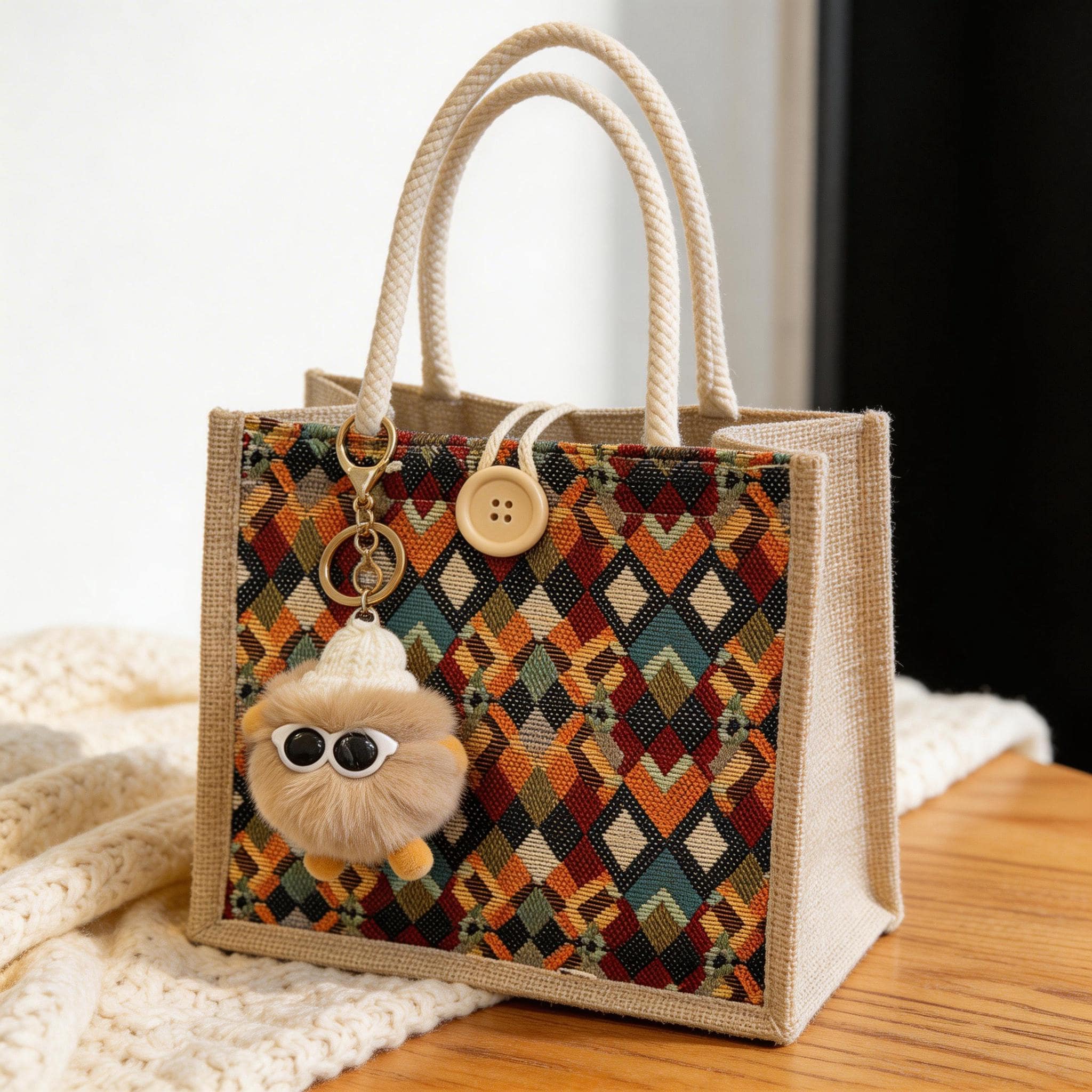 Boho Geometric Mini Tote, Woven Jute Handbag With Button, Everyday Reusable Lunch Bag, Cute Top Handle Purse, Mothers Day Gift for Mom view 7